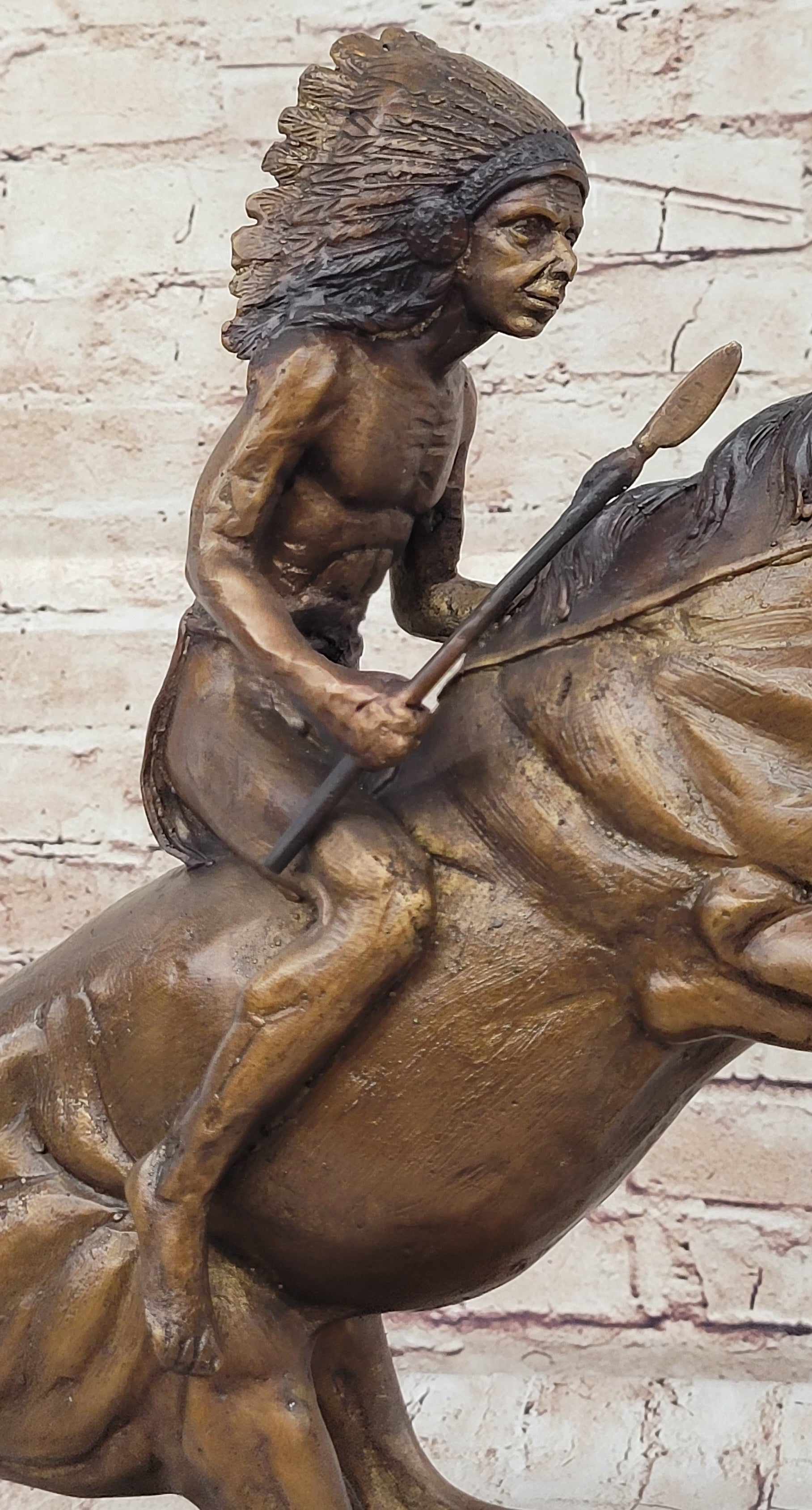 Native American WARRIOR on Horseback by Frederic Remington Bronze Statue Sculpture 18&quot; x 21&quot;