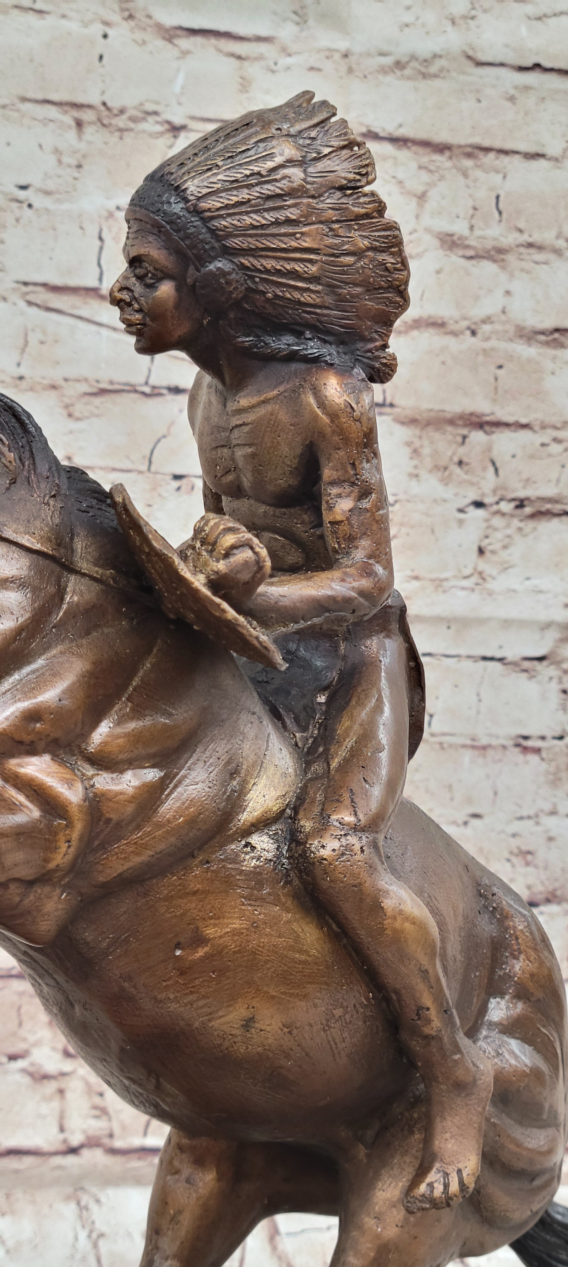 Native American WARRIOR on Horseback by Frederic Remington Bronze Statue Sculpture 18&quot; x 21&quot;