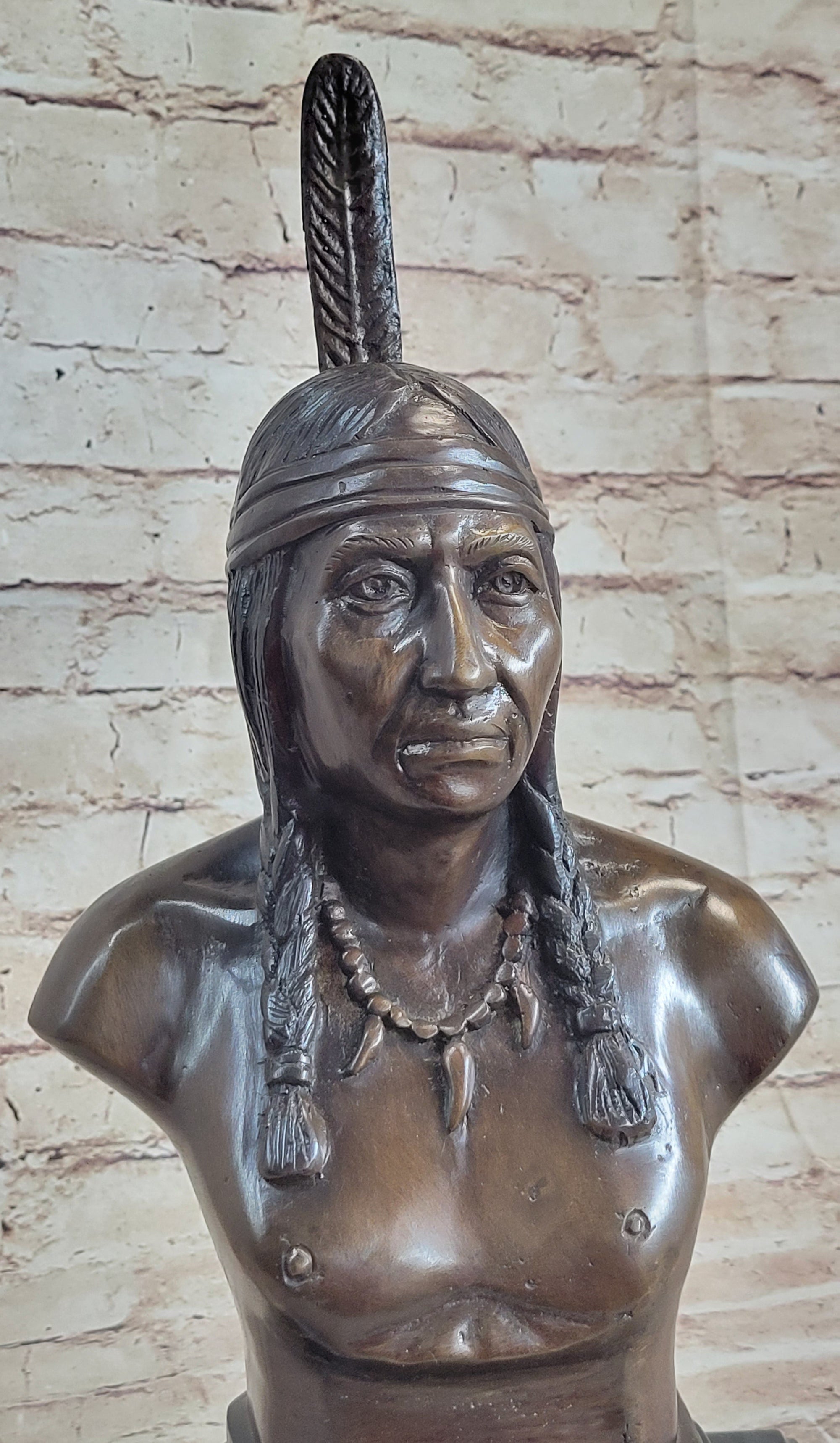 Bronze Bust Native American Indian w/ Braided Hair Statue on Marble Base 12&quot; x 7&quot;