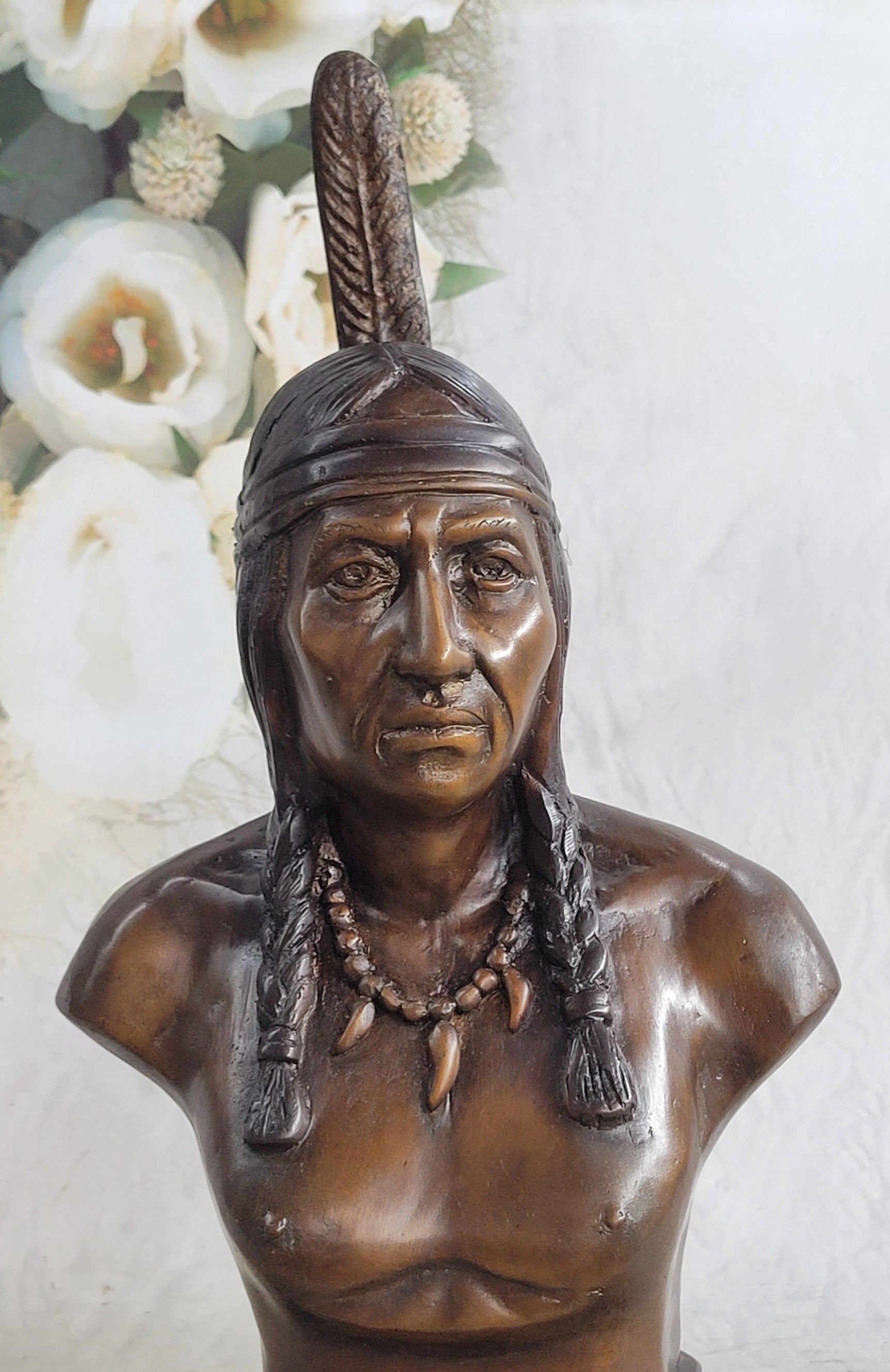 Native American Indian Man Bronze Bust Statue Sculpture Decor 14&quot; x 7&quot;