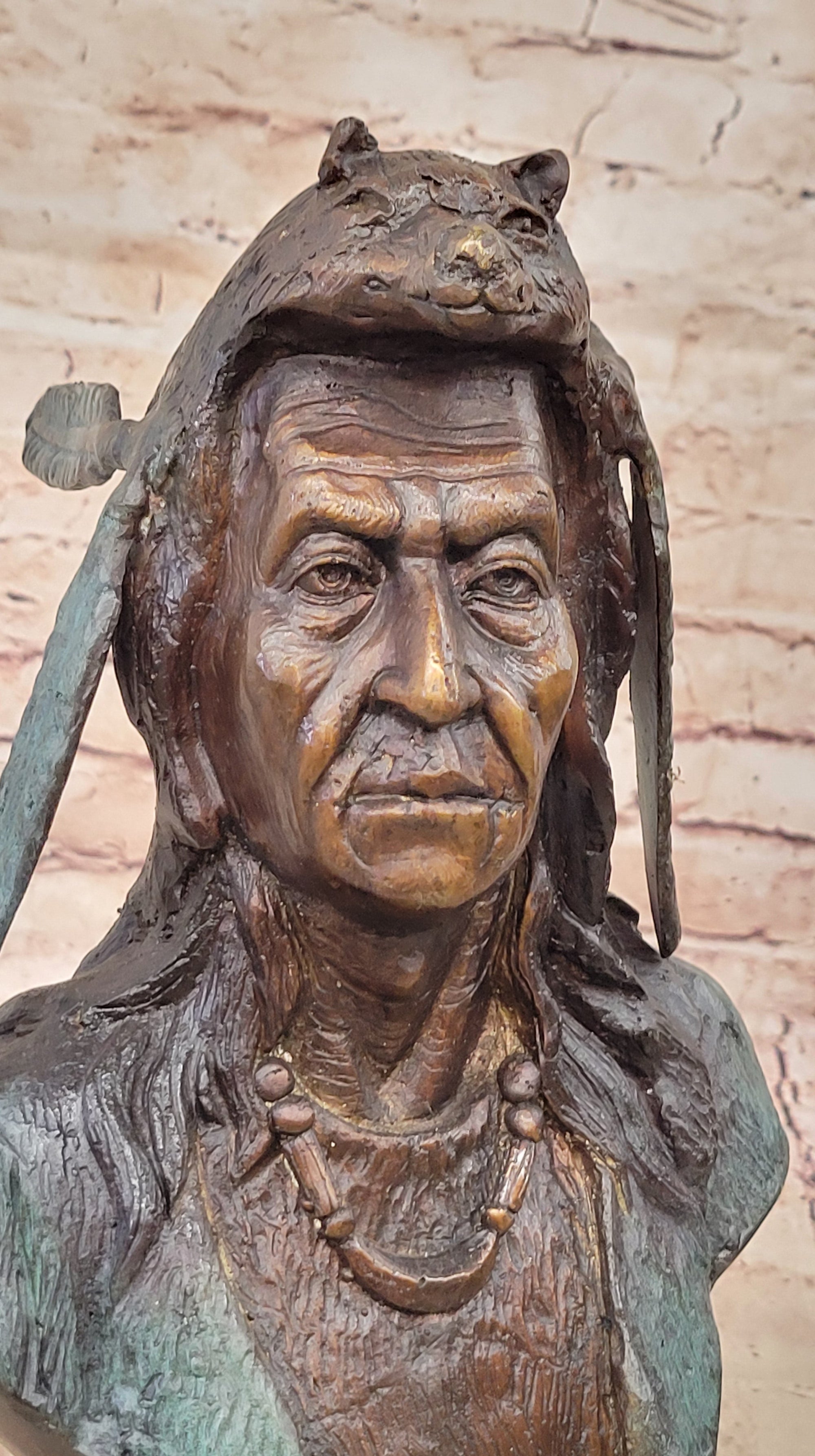 Native American Indian in Wolf Headdress Bronze Bust Statue Sculpture 14&quot; x 8&quot;