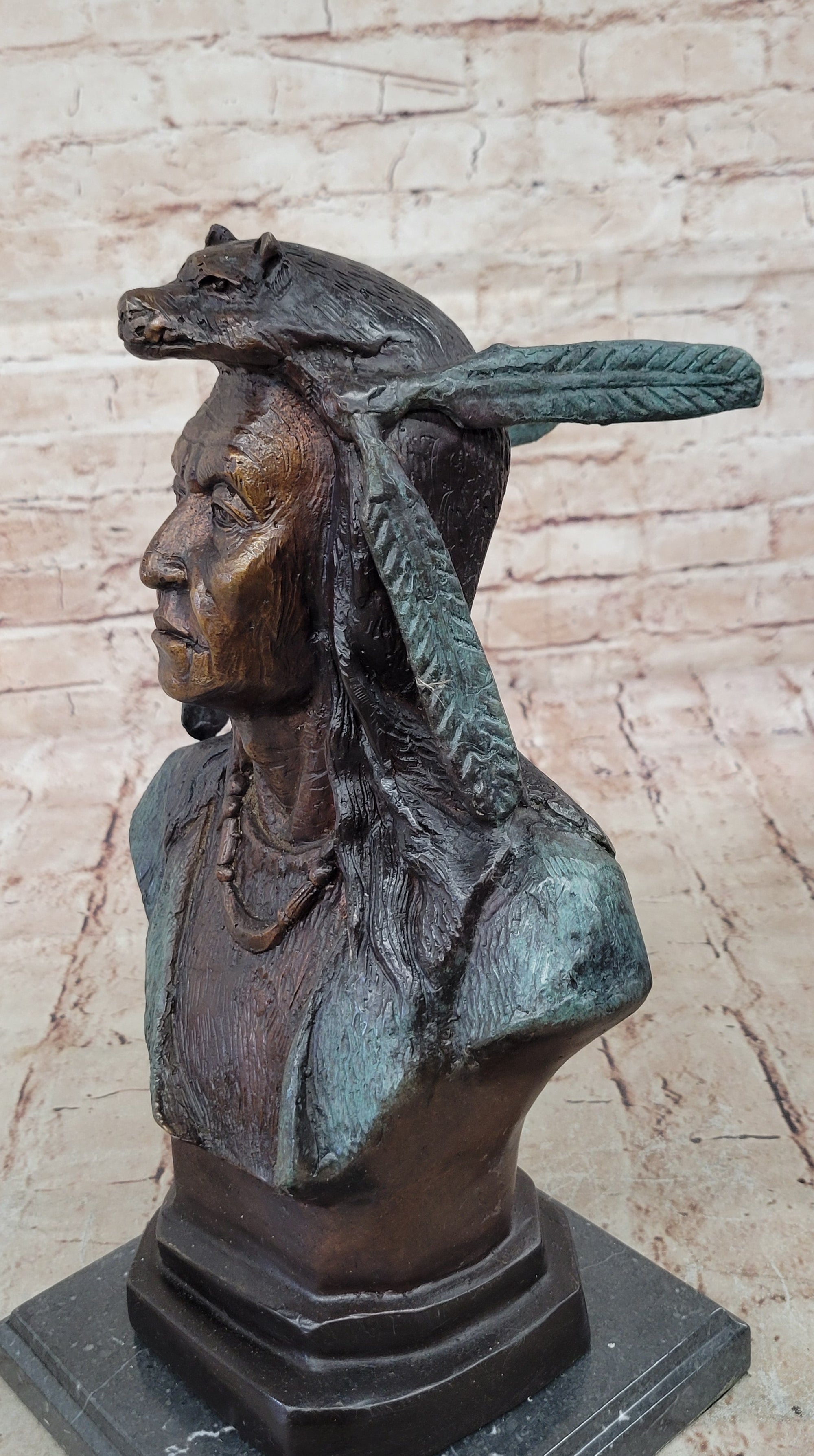 Native American Indian in Wolf Headdress Bronze Bust Statue Sculpture 14&quot; x 8&quot;