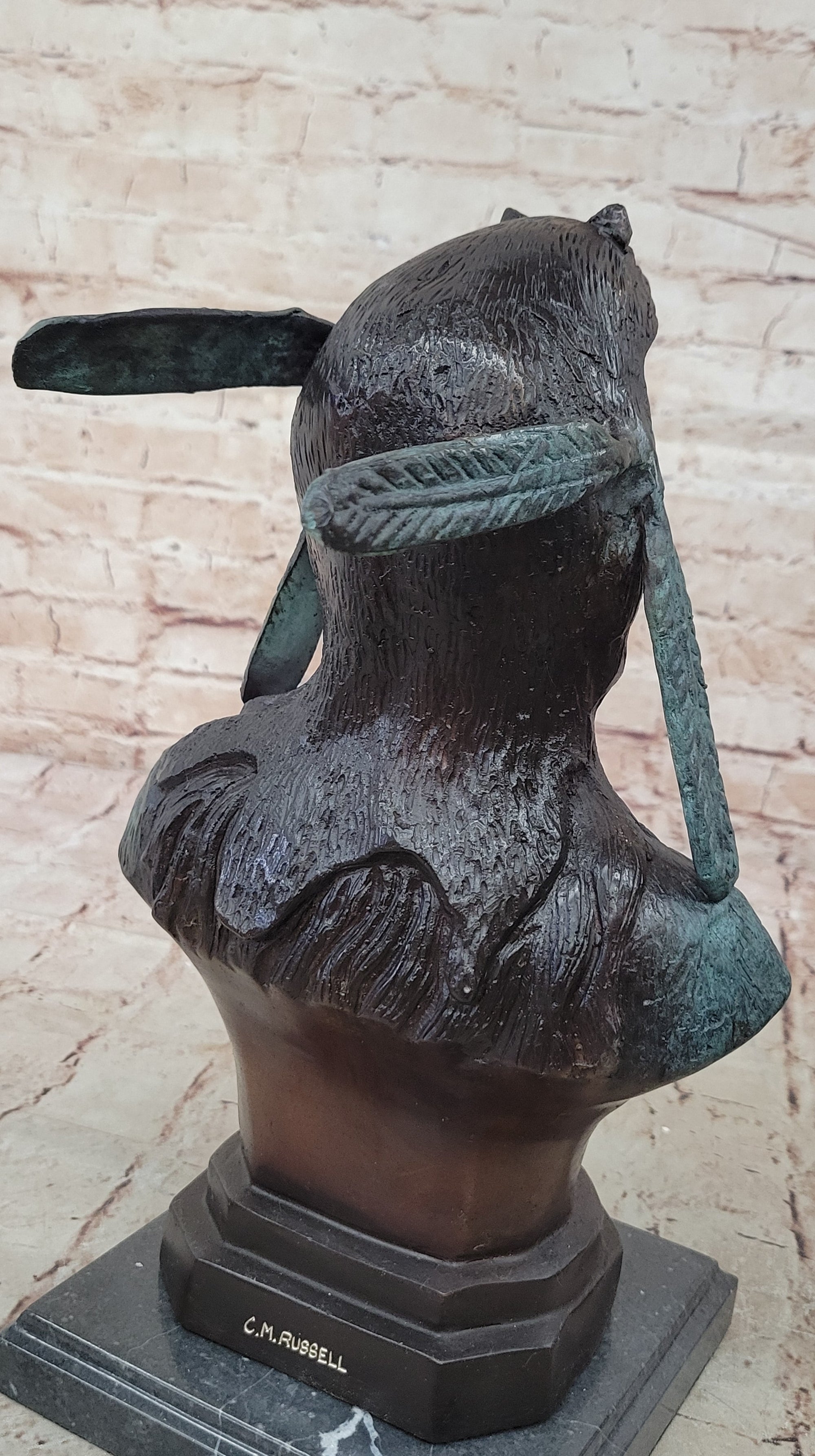 Native American Indian in Wolf Headdress Bronze Bust Statue Sculpture 14&quot; x 8&quot;