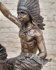 WAR CHIEF Native American Bronze Statue Sculpture Western Art Marble Base 24" x 23"