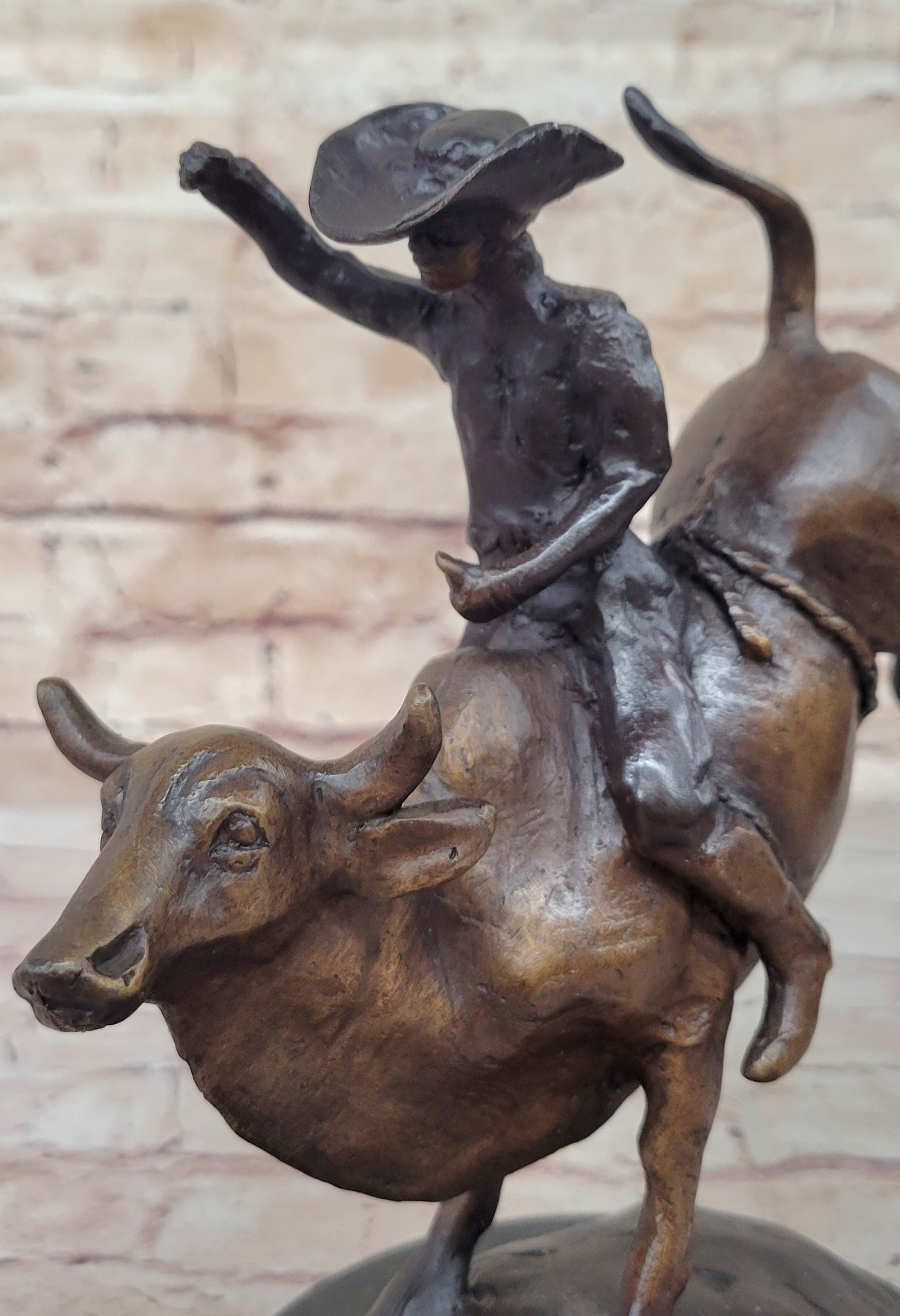 RODEO Bull Rider Cowboy Bronze Statue Sculpture Marble Base Western Decor 9&quot; x 9&quot;
