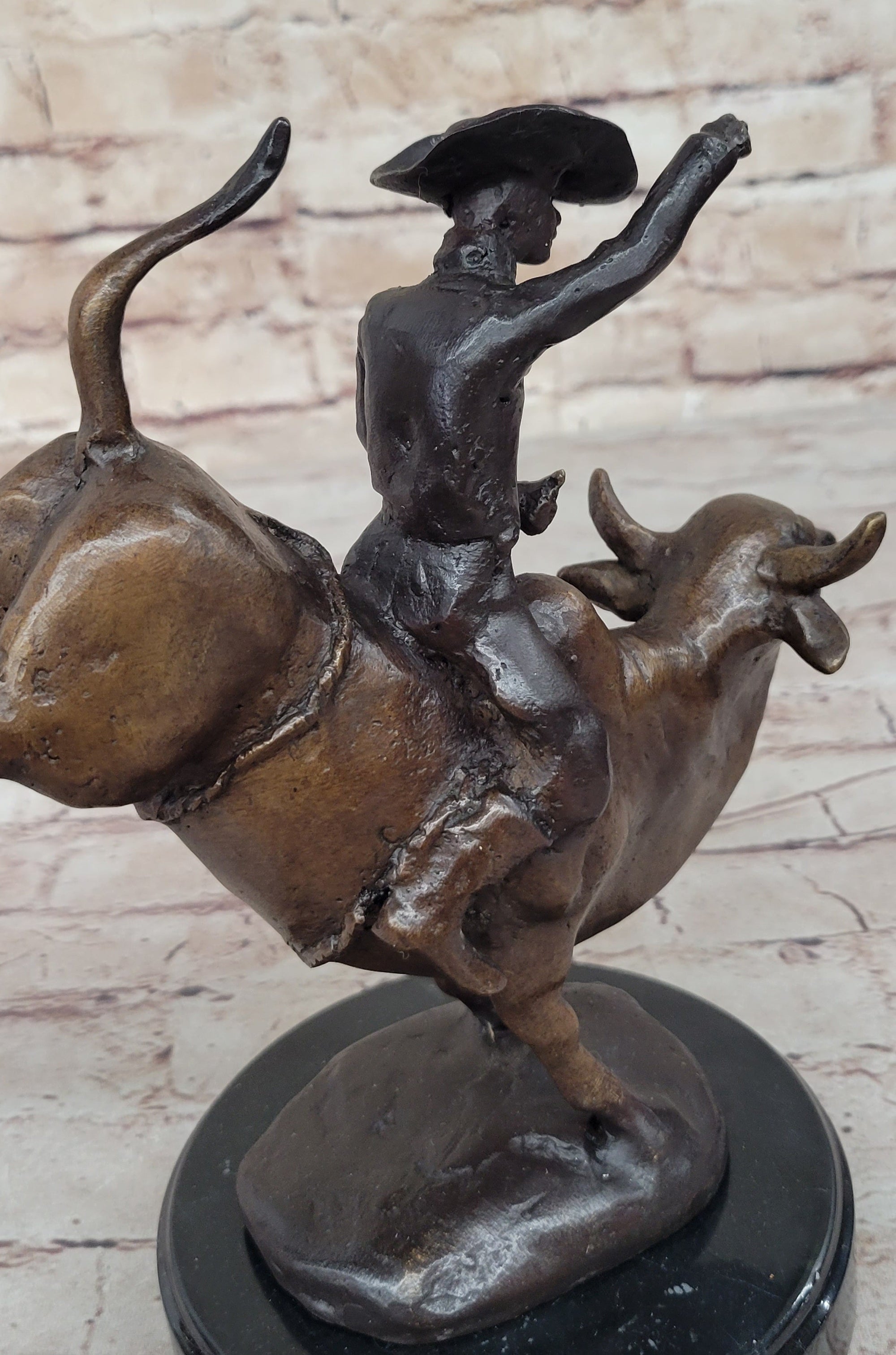 RODEO Bull Rider Cowboy Bronze Statue Sculpture Marble Base Western Decor 9&quot; x 9&quot;
