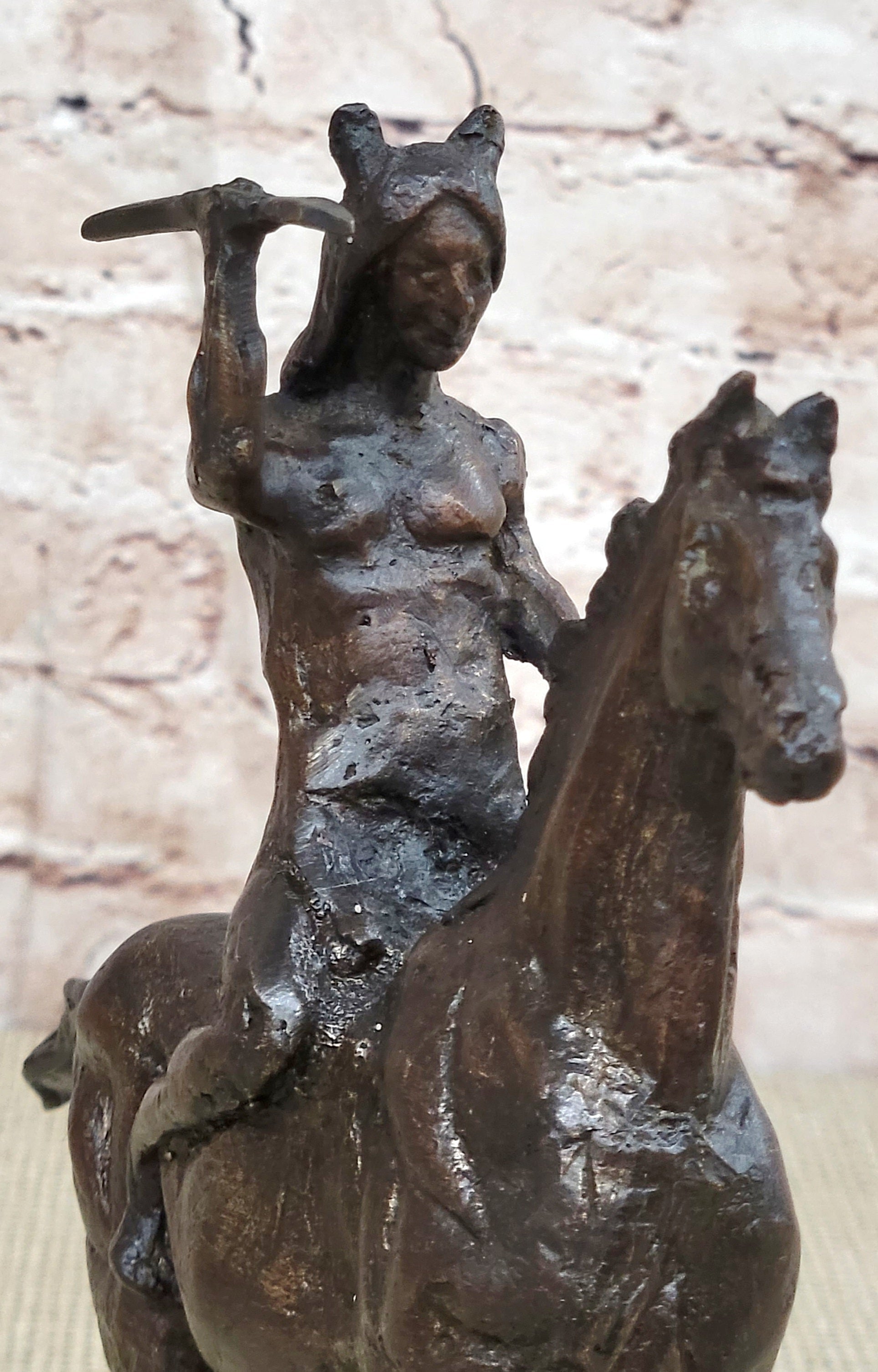 WAR Western Bronze Sculpture Native American Horseback Statue 9&quot; x 8&quot;