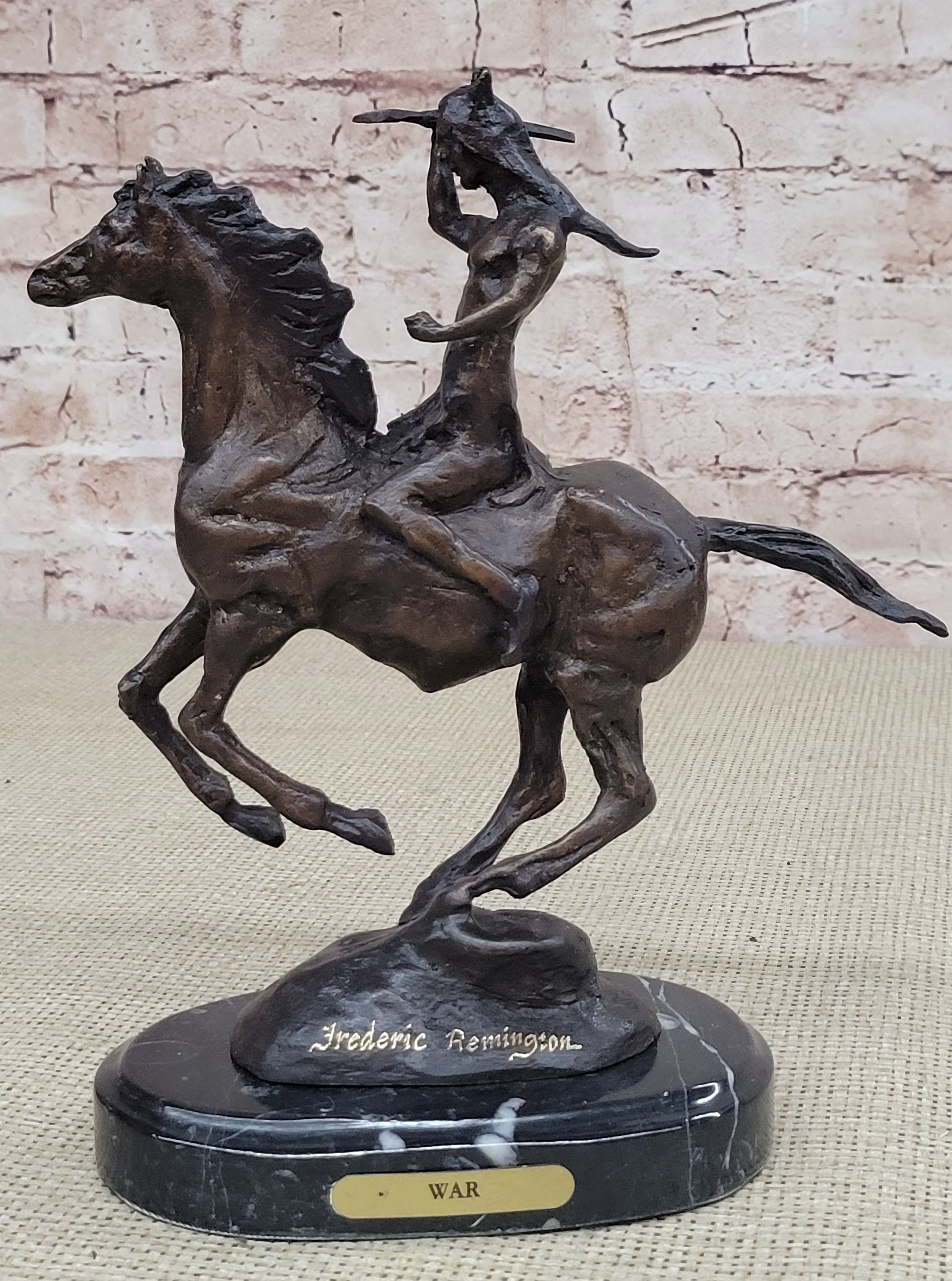 WAR Western Bronze Sculpture Native American Horseback Statue 9&quot; x 8&quot;