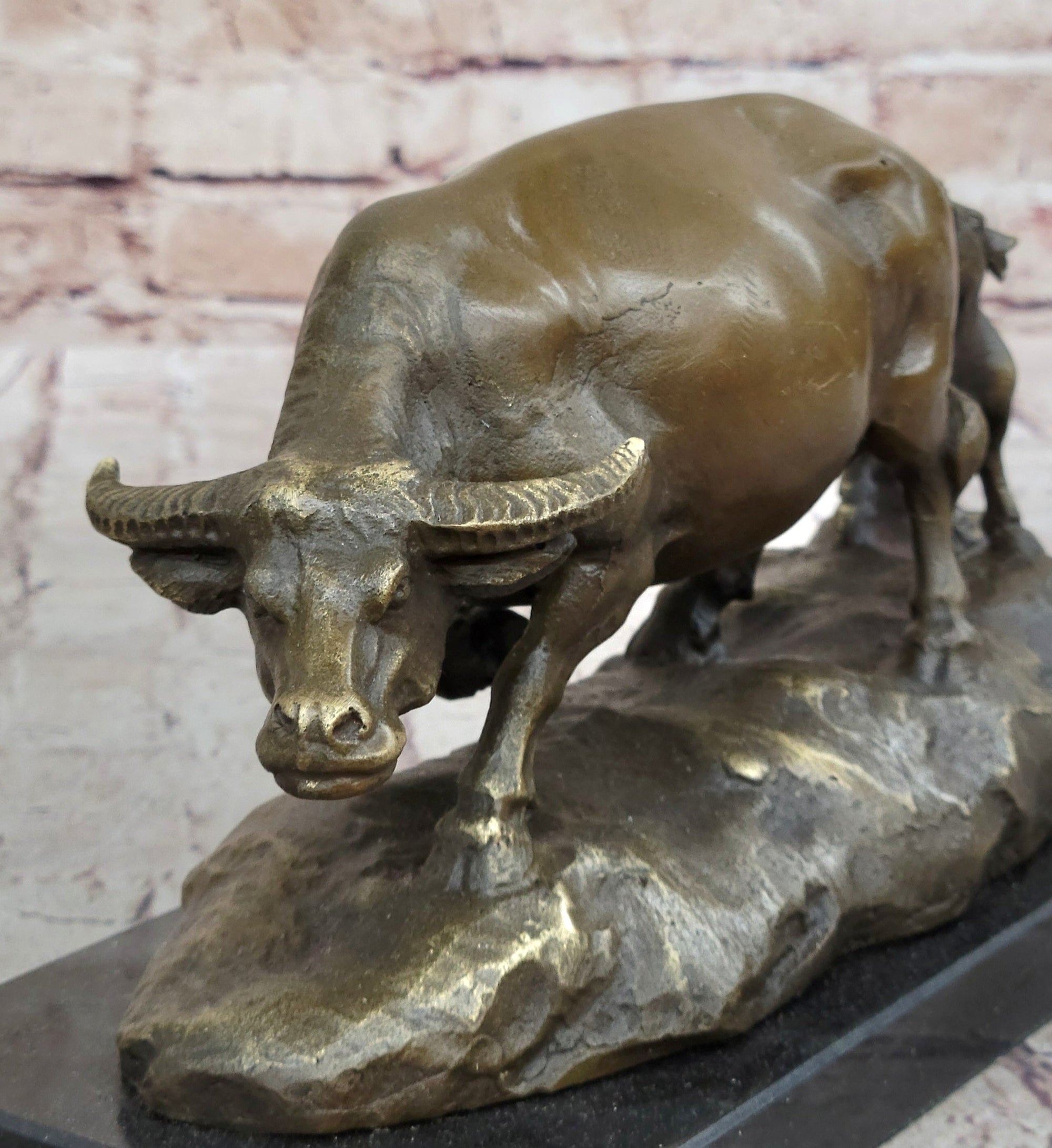 Mother Buffalo &amp; Calf Bronze Sculpture – Timeless Pastoral Artwork on Marble Base