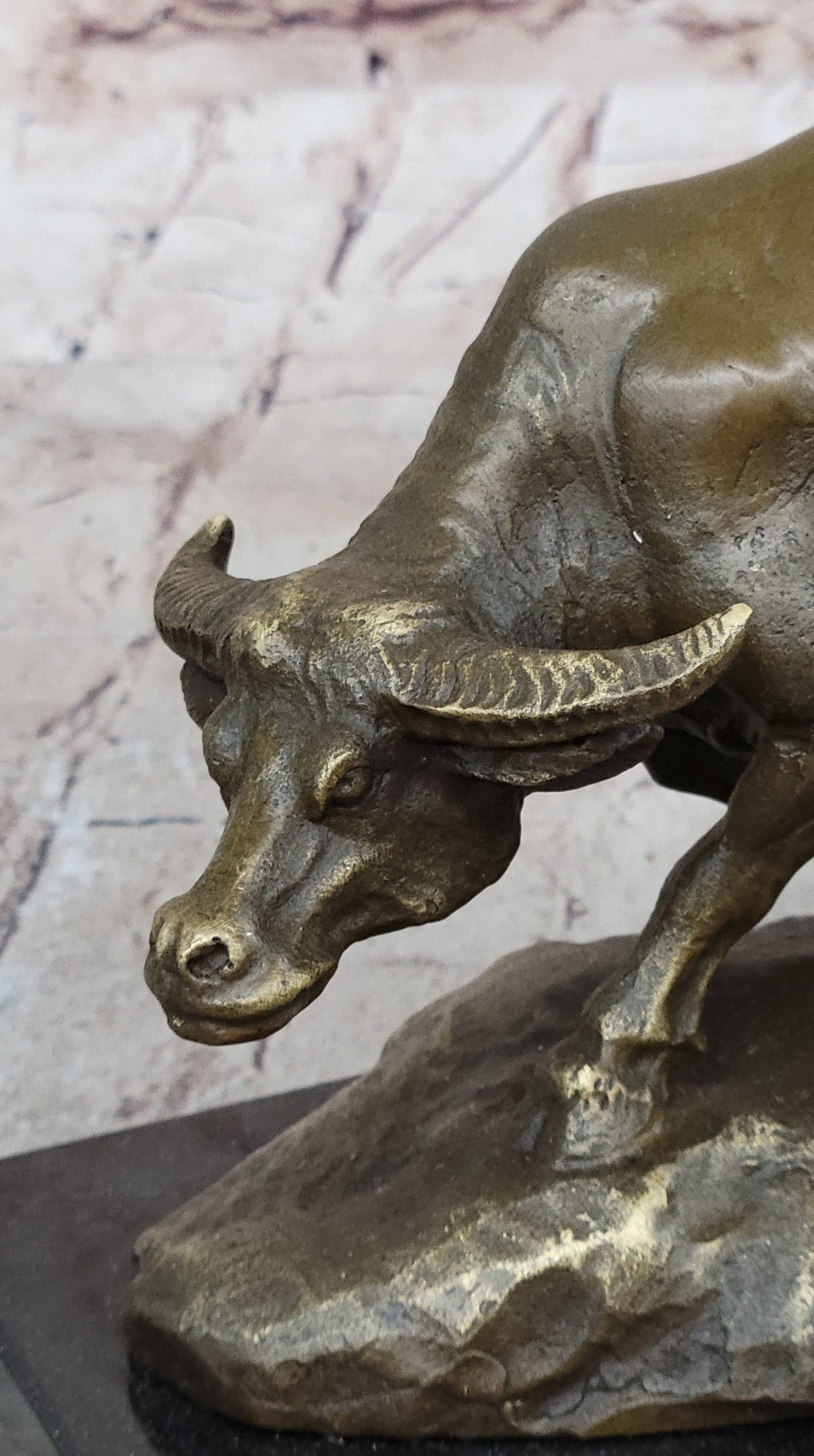 Mother Buffalo &amp; Calf Bronze Sculpture – Timeless Pastoral Artwork on Marble Base