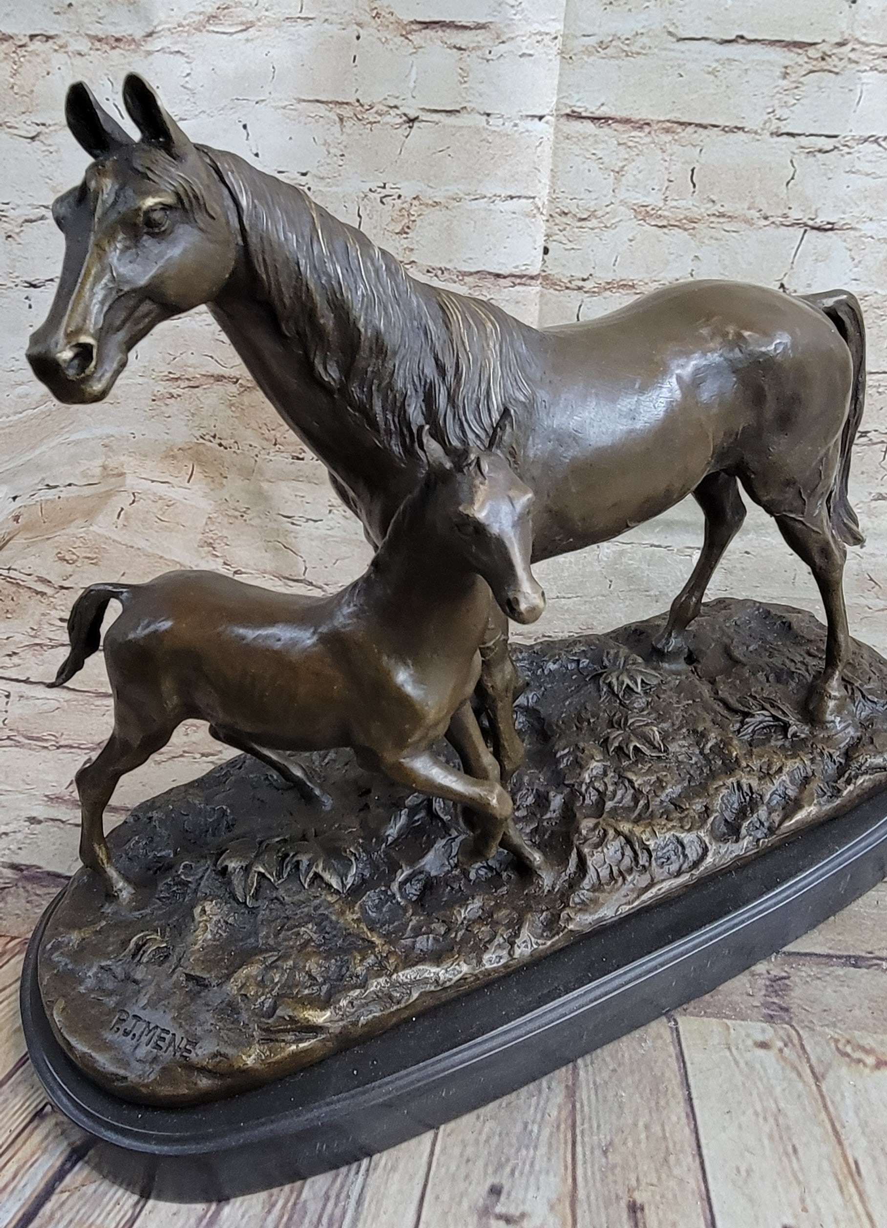 PJ Mene Horse &amp; Foal Bronze Statue Sculpture Figure Equestrian Horses Decor 14&quot; x 17&quot;