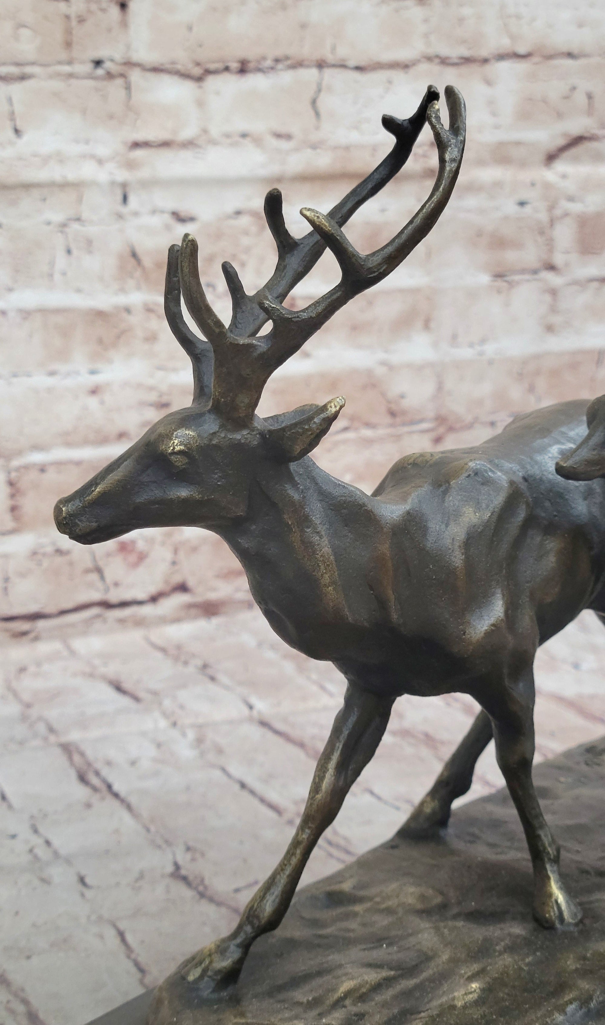 Deer Buck Elk and Doe Fawn Caribou Reindeer Bronze Statue Sculpture Marble Base 11&quot; x 13&quot;