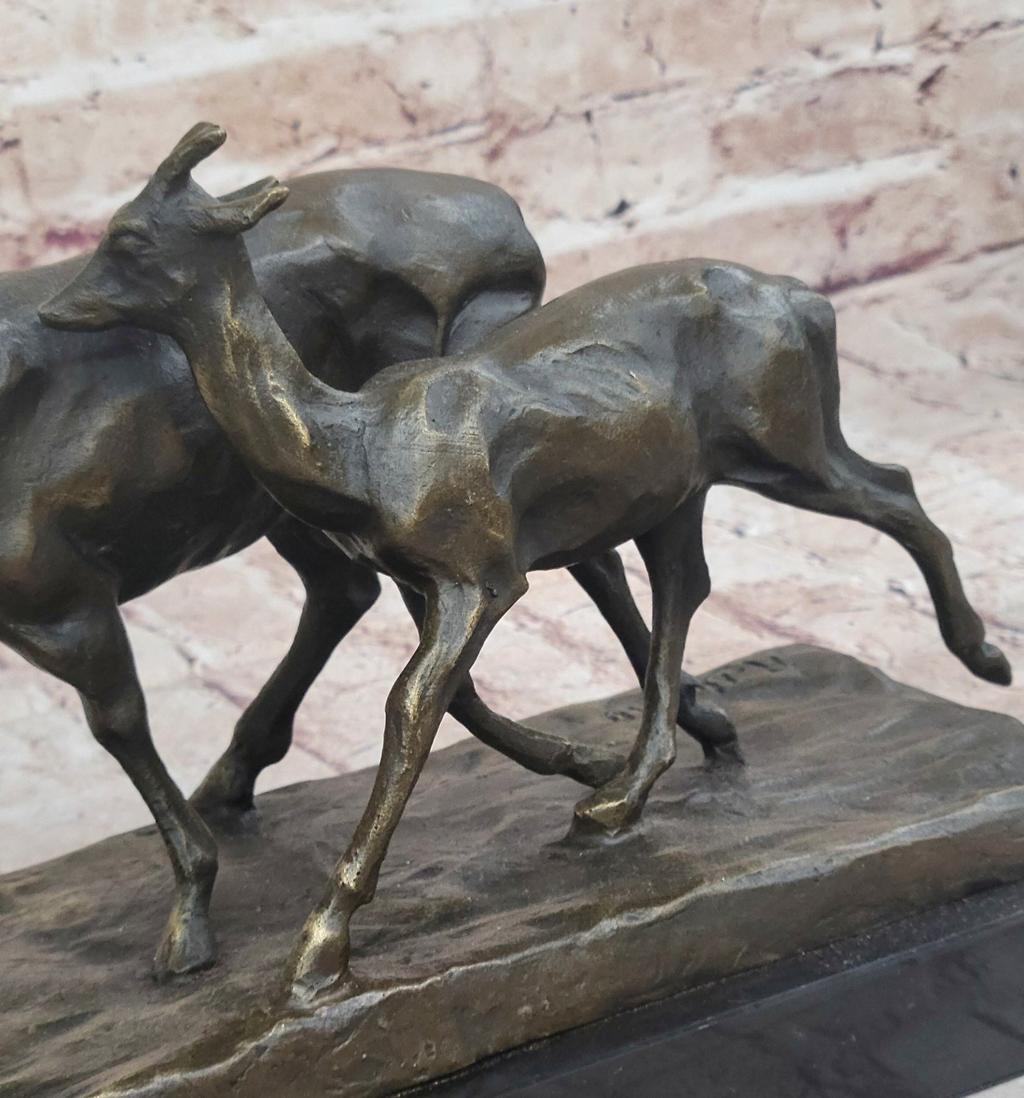 Deer Buck Elk and Doe Fawn Caribou Reindeer Bronze Statue Sculpture Marble Base 11&quot; x 13&quot;