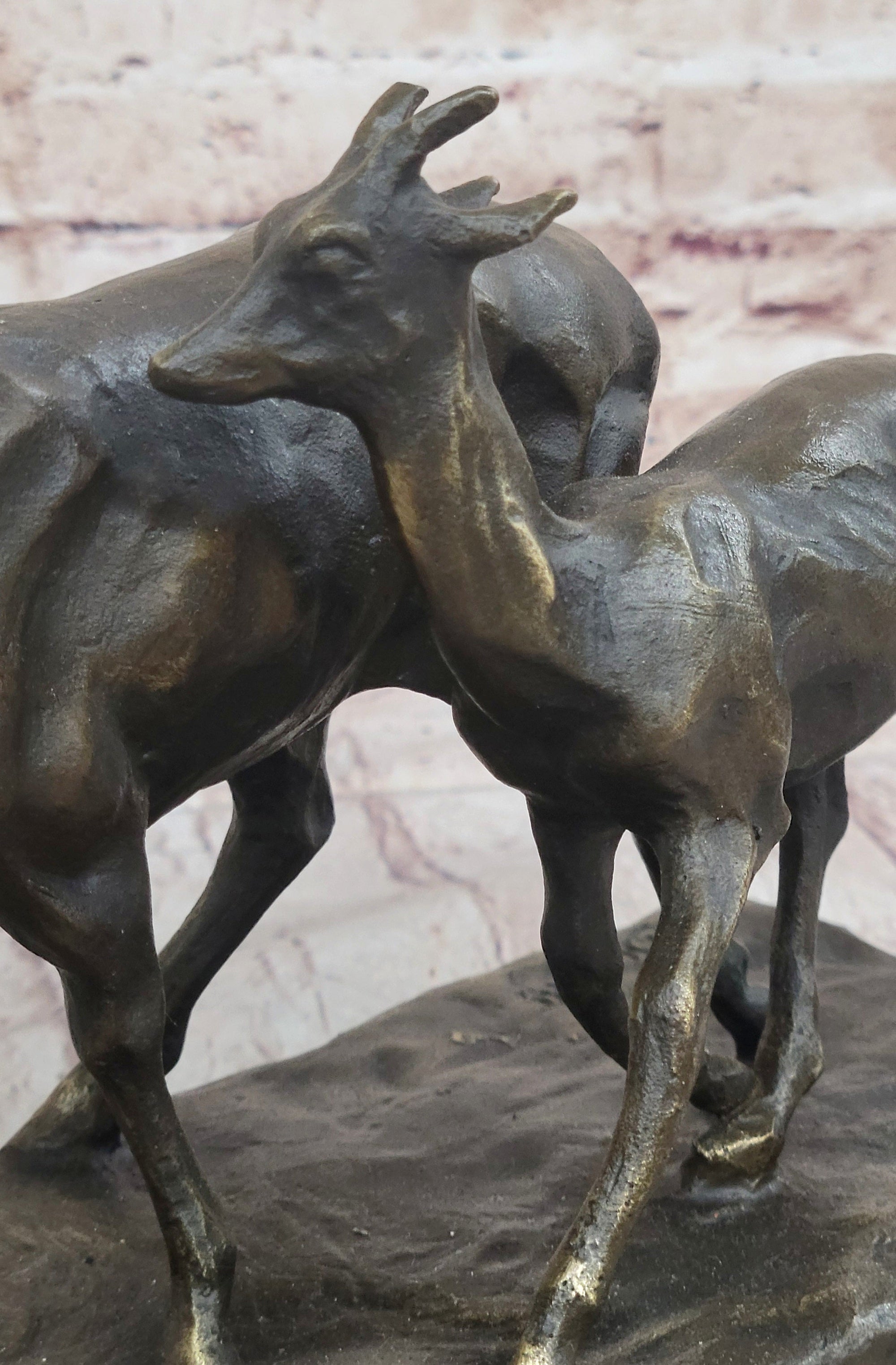Deer Buck Elk and Doe Fawn Caribou Reindeer Bronze Statue Sculpture Marble Base 11&quot; x 13&quot;