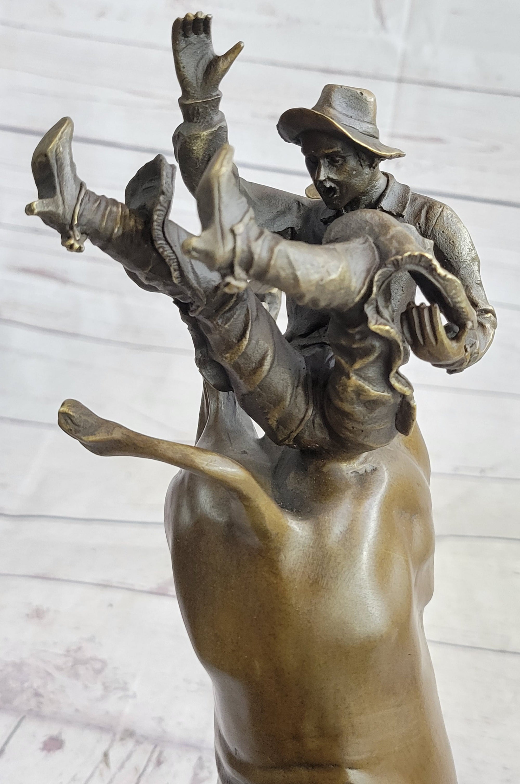 Frederic Remington Cowboy Rodeo Bull Rider Western Bronze Statue Sculpture 16&quot; x 11.5&quot;