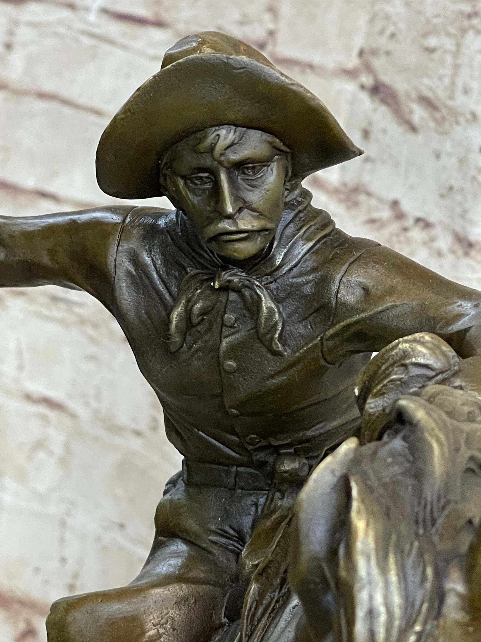 BRONCO BUSTER Frederic Remington Western Bronze Statue Sculpture Marble Base 17&quot; x 15&quot;
