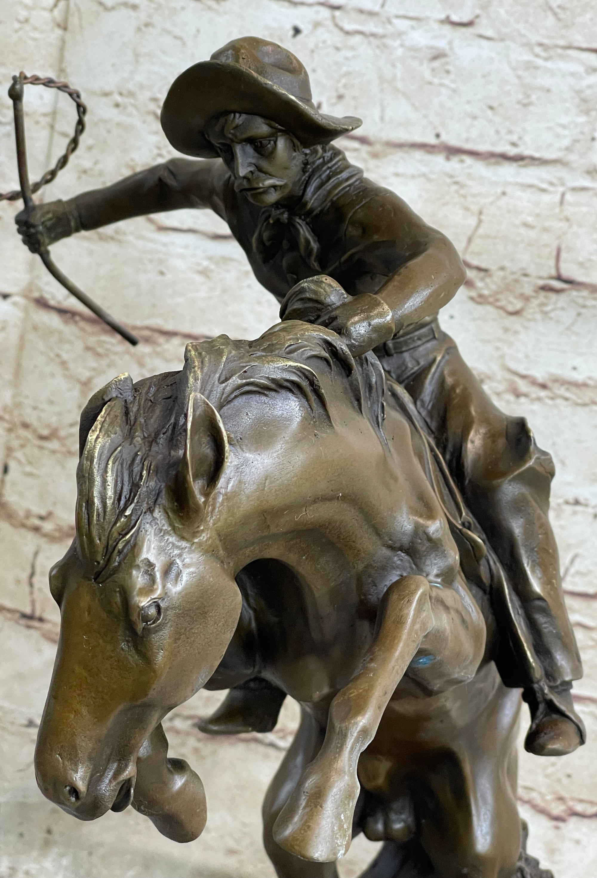 BRONCO BUSTER Frederic Remington Western Bronze Statue Sculpture Marble Base 17&quot; x 15&quot;