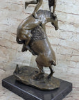 Bronze Sculpture Statue of Native American Indian Man Jumping over Buffalo & Horse