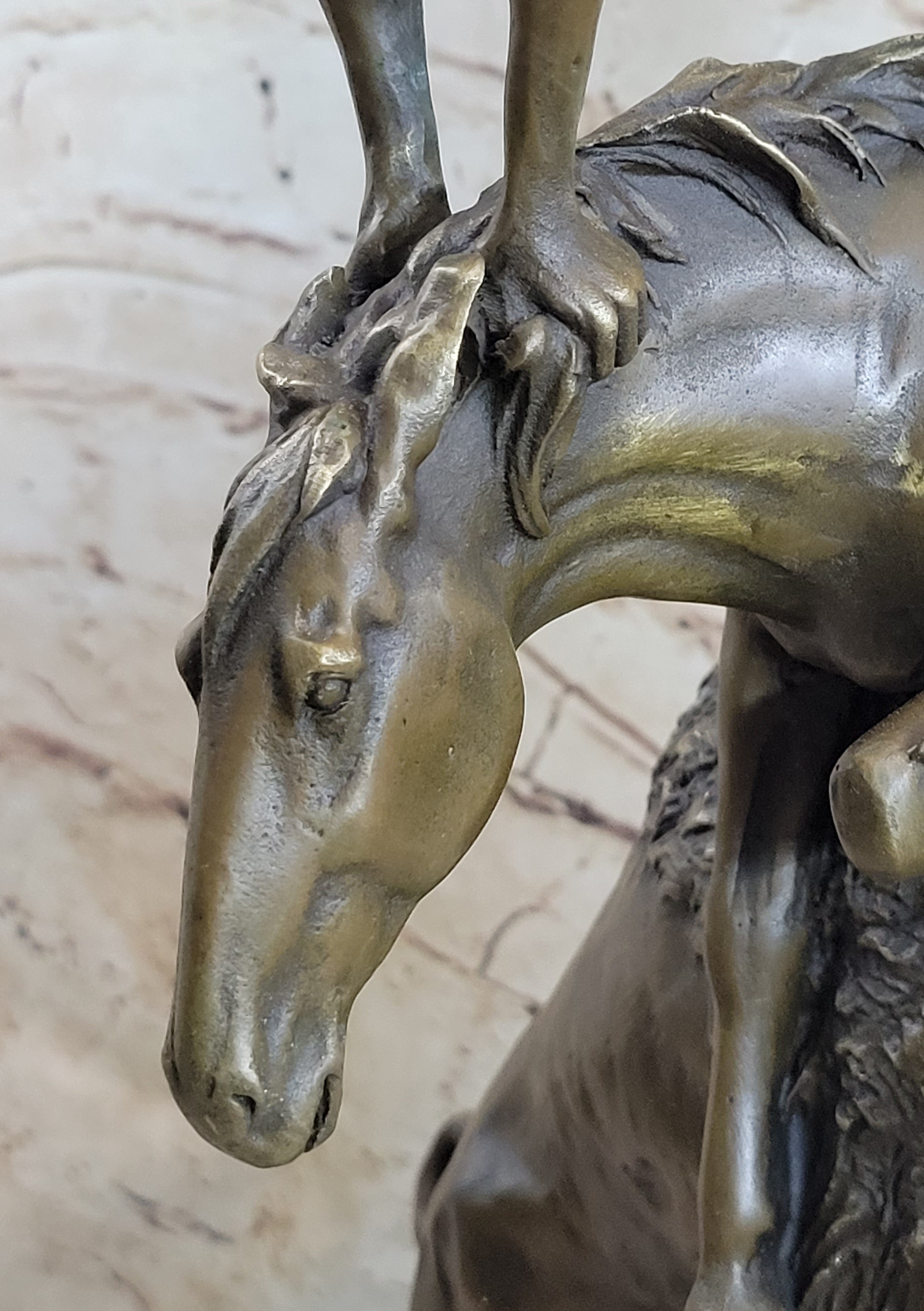 Bronze Sculpture Statue of Native American Indian Man Jumping over Buffalo &amp; Horse