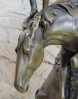 Bronze Sculpture Statue of Native American Indian Man Jumping over Buffalo & Horse