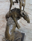 Bronze Sculpture Statue of Native American Indian Man Jumping over Buffalo & Horse