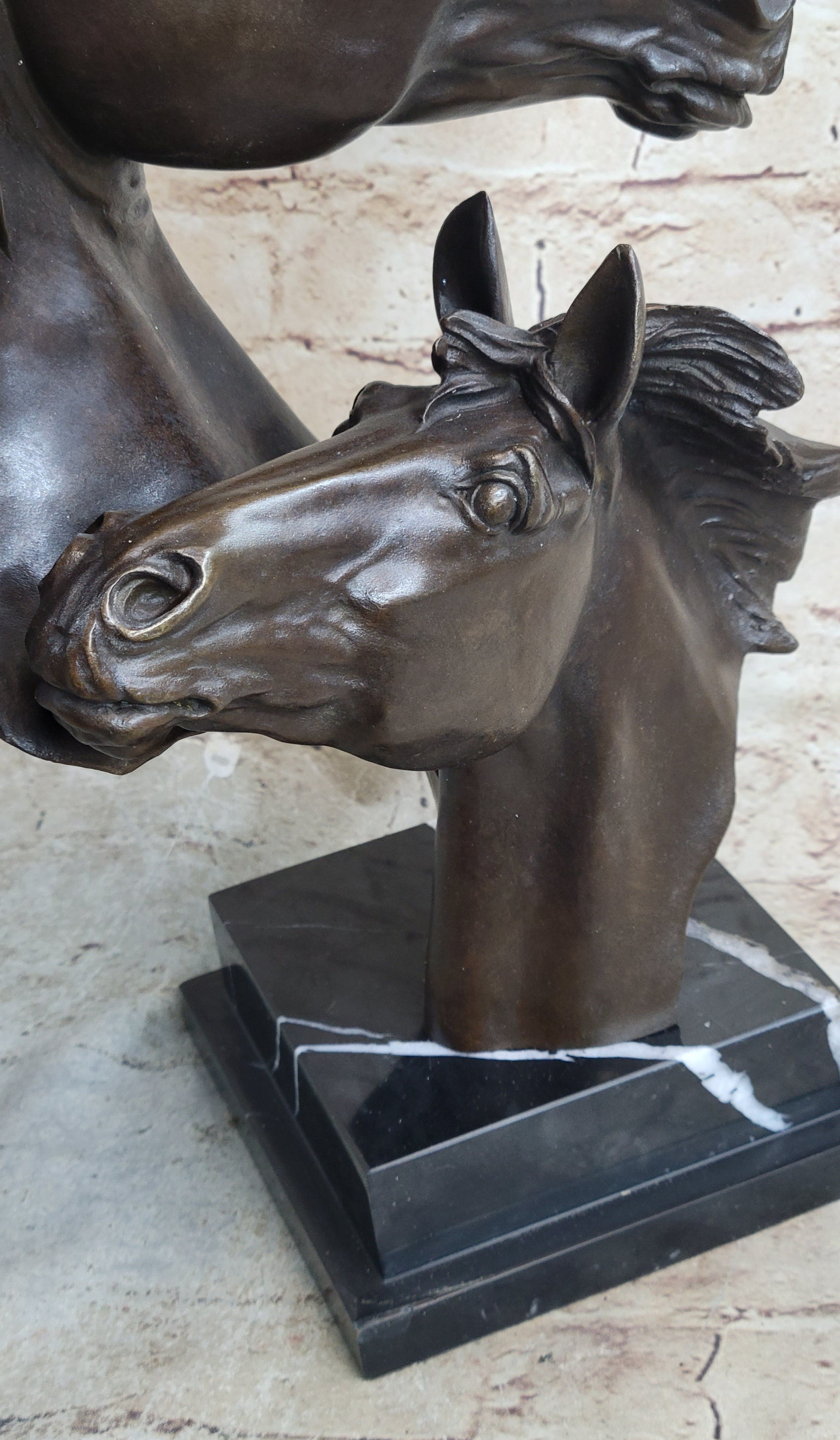 Two Horses Bust Sculpture Real Bronze Signed Original Equine Art by Milo on Marble Base