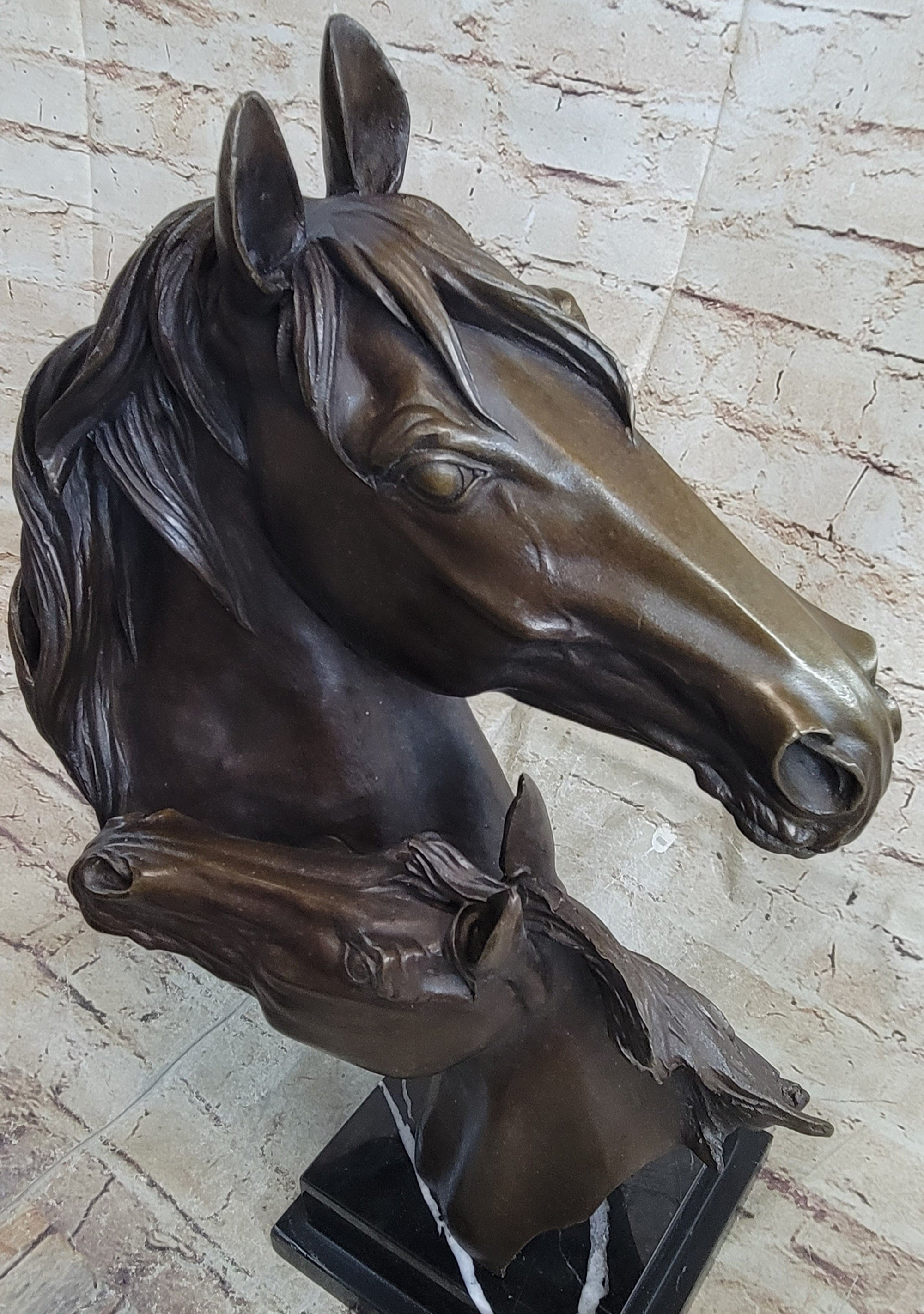Two Horses Bust Sculpture Real Bronze Signed Original Equine Art by Milo on Marble Base