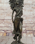 Female Native American Indian Warrior in Feathered Headdress Bronze Statue Sculpture Figure