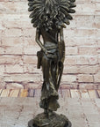 Female Native American Indian Warrior in Feathered Headdress Bronze Statue Sculpture Figure
