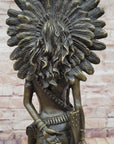 Female Native American Indian Warrior in Feathered Headdress Bronze Statue Sculpture Figure