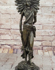 Female Native American Indian Warrior in Feathered Headdress Bronze Statue Sculpture Figure