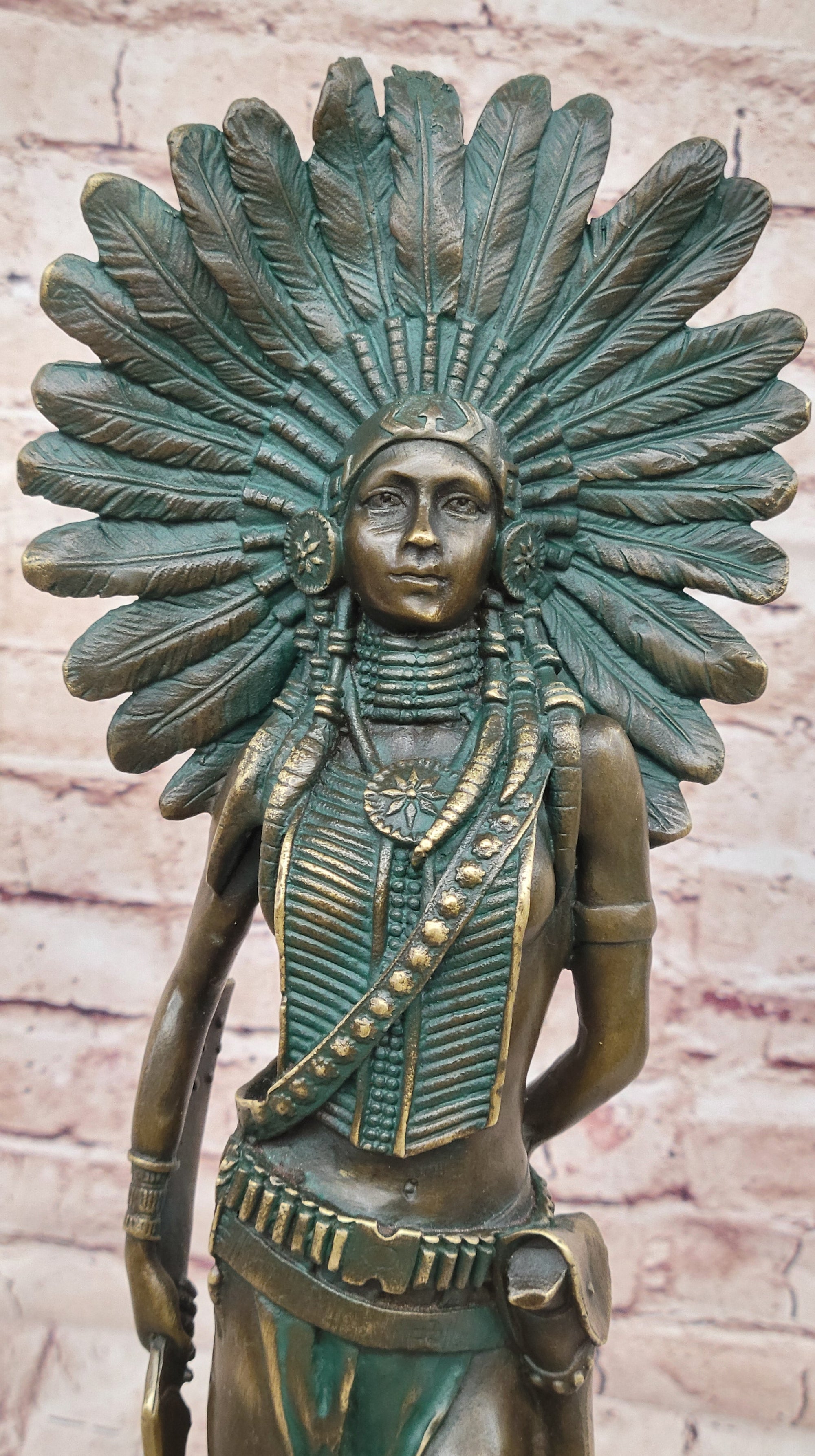 Native American Indian Female Warrior w/ Feathered War Bonnet Bronze Figure Sculpture Statue