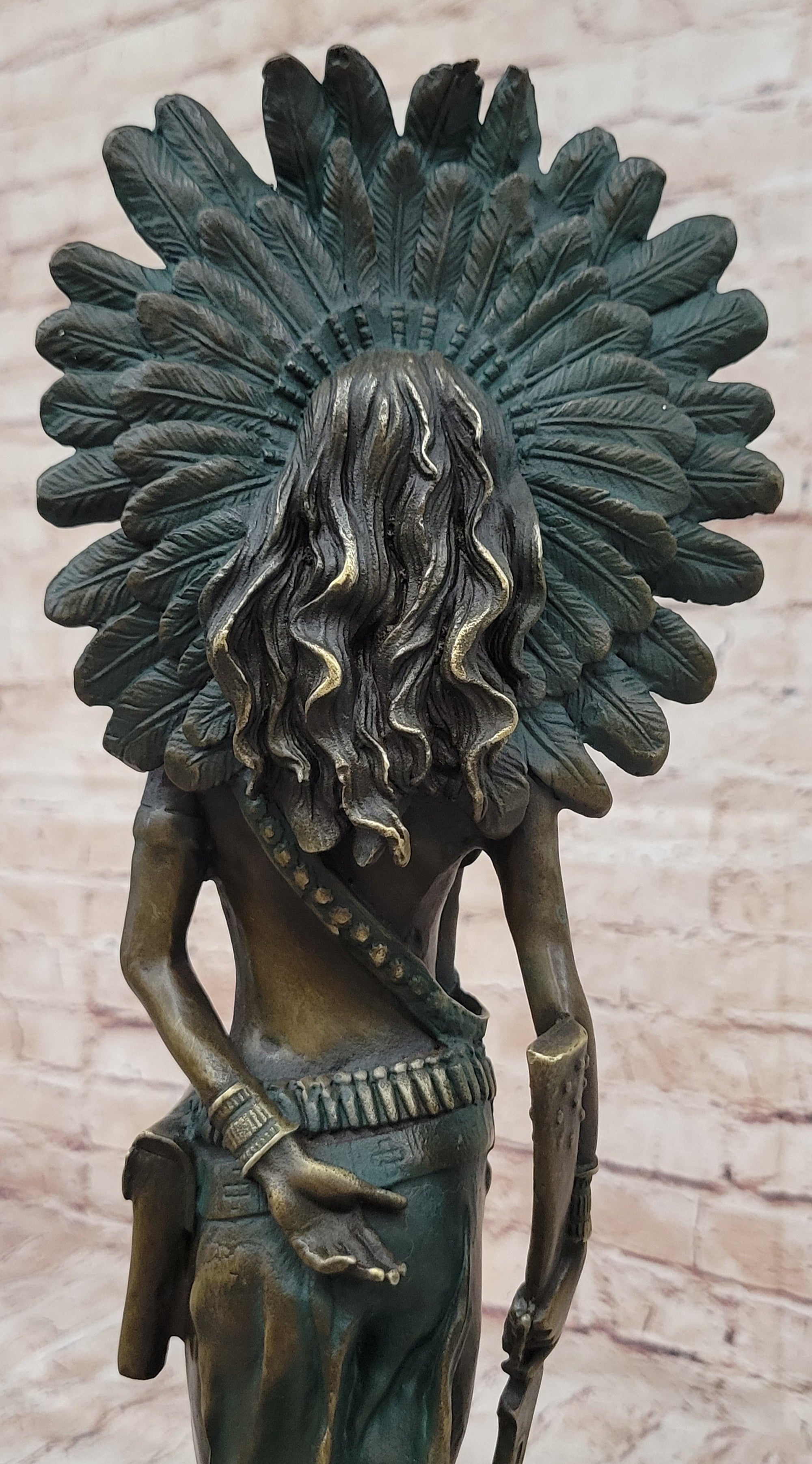 Native American Indian Female Warrior w/ Feathered War Bonnet Bronze Figure Sculpture Statue