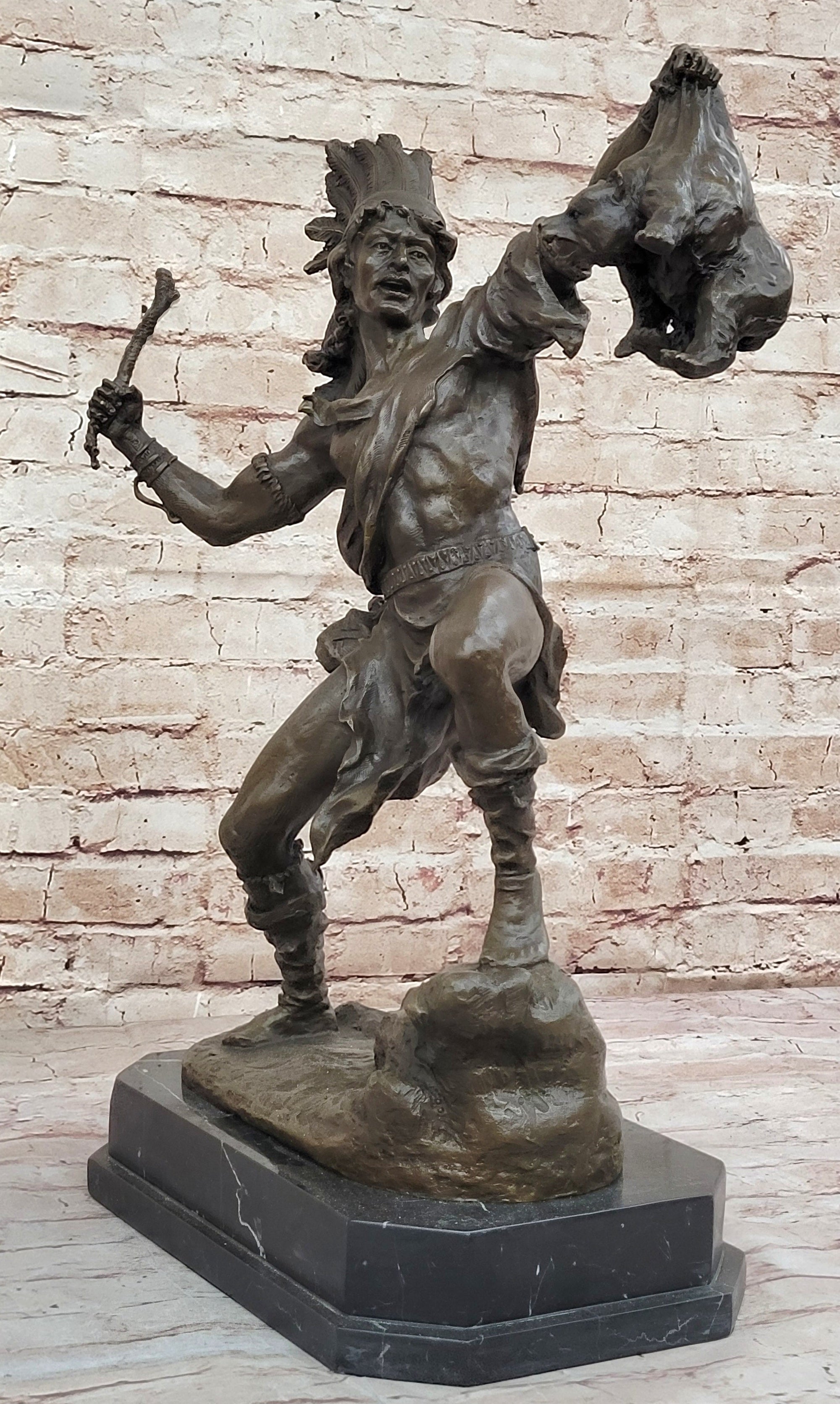 Bronze Sculpture of Native American Indian Shaman Medicine Man w/ Bear Cub