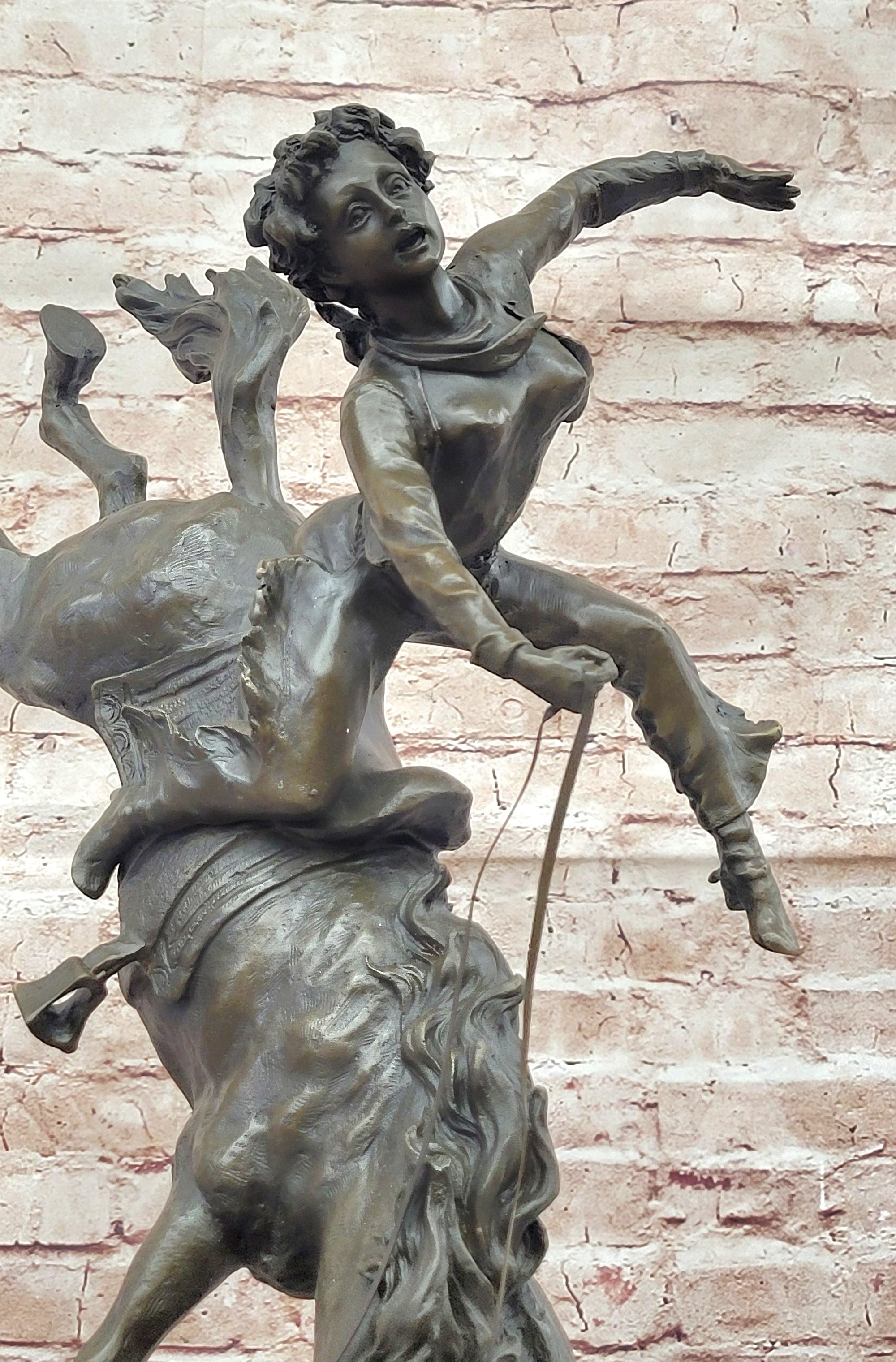 Female Horseback Rider Cowgirl Being Thrown Off Horse - Western Bronze Sculpture by Milo