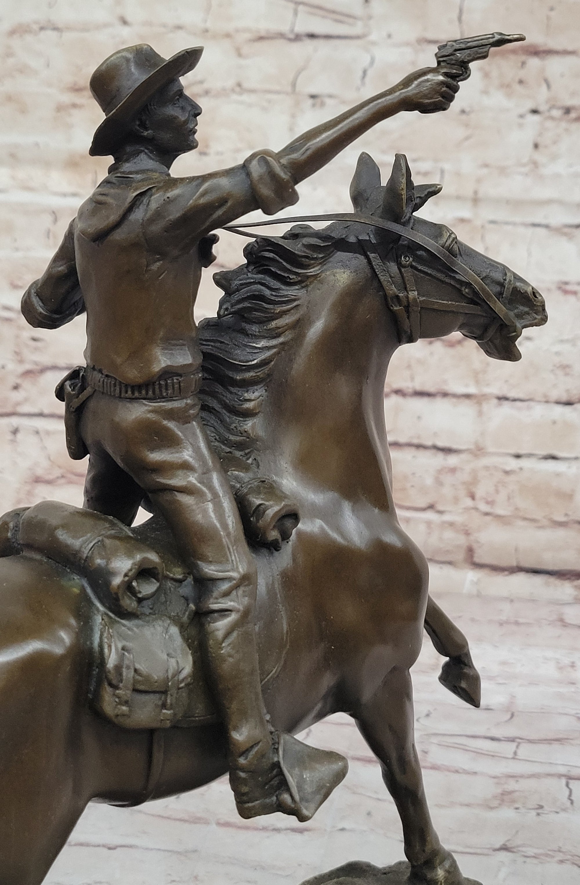 Gunslinger Cowboy on Horseback Aiming Pistol - Western Bronze Sculpture by Kauba