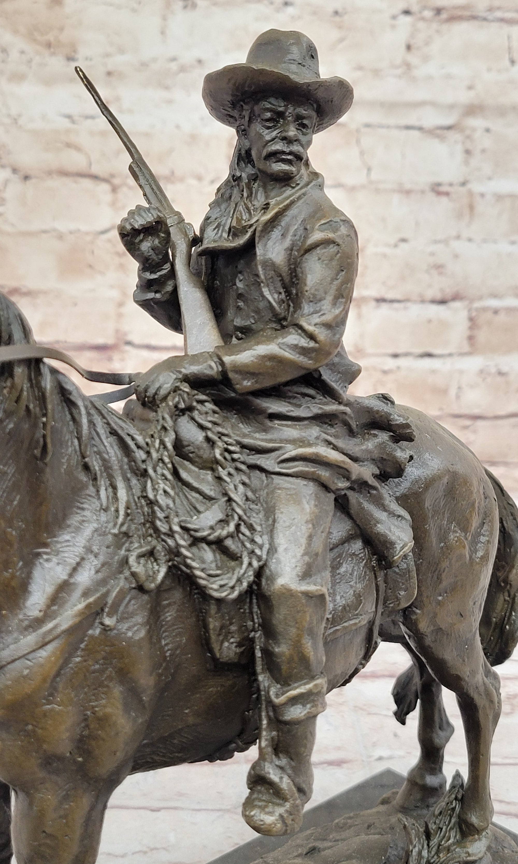 Bronze Remington Tribute Cowboy w/ Rifle Riding Horse Sculpture Statue Marble 12&quot; x 12&quot;