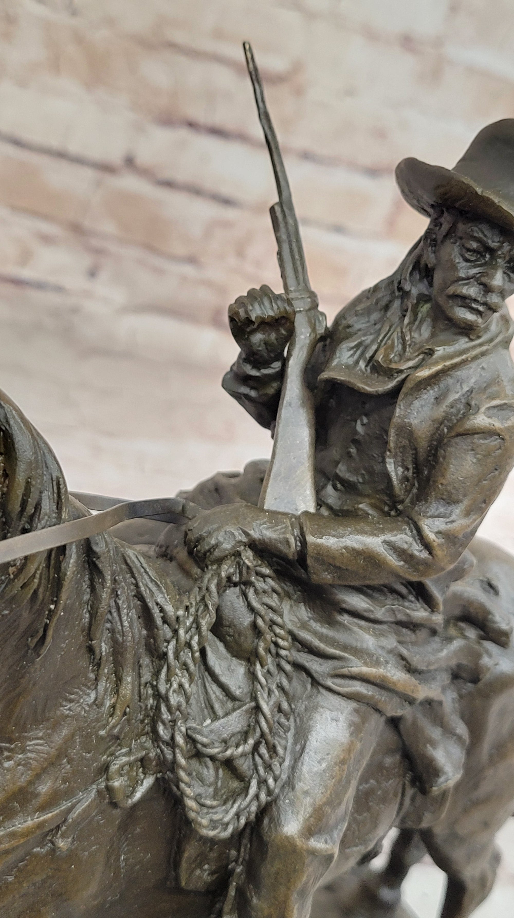 Bronze Remington Tribute Cowboy w/ Rifle Riding Horse Sculpture Statue Marble 12&quot; x 12&quot;