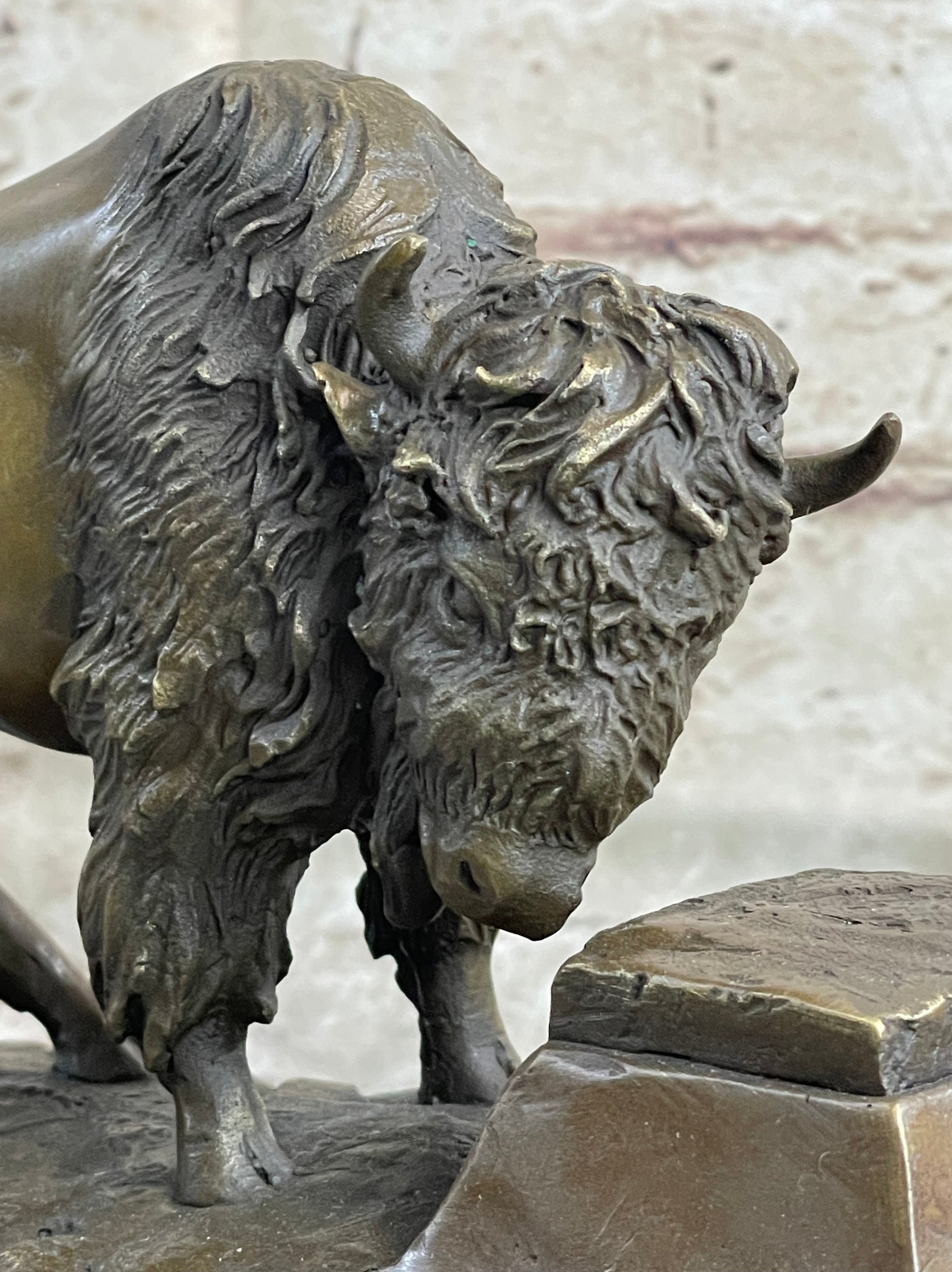 Bronze American Bison Wildlife Sculpture on Marble Base Signed C. Russell