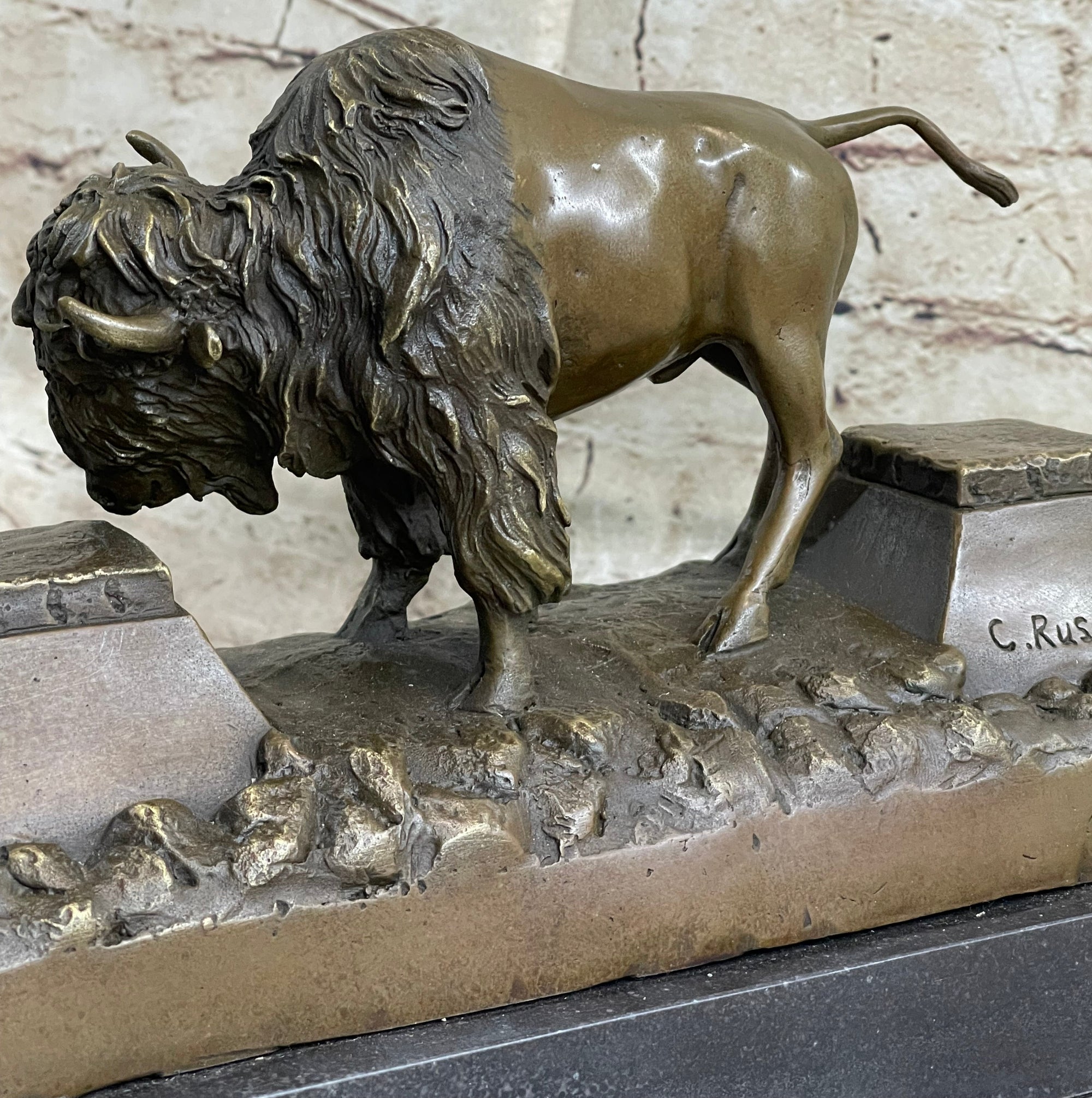Bronze American Bison Wildlife Sculpture on Marble Base Signed C. Russell