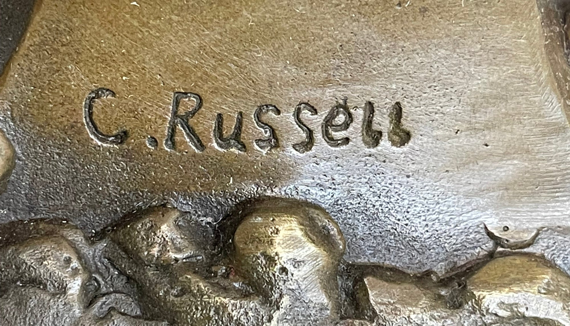 Bronze American Bison Wildlife Sculpture on Marble Base Signed C. Russell