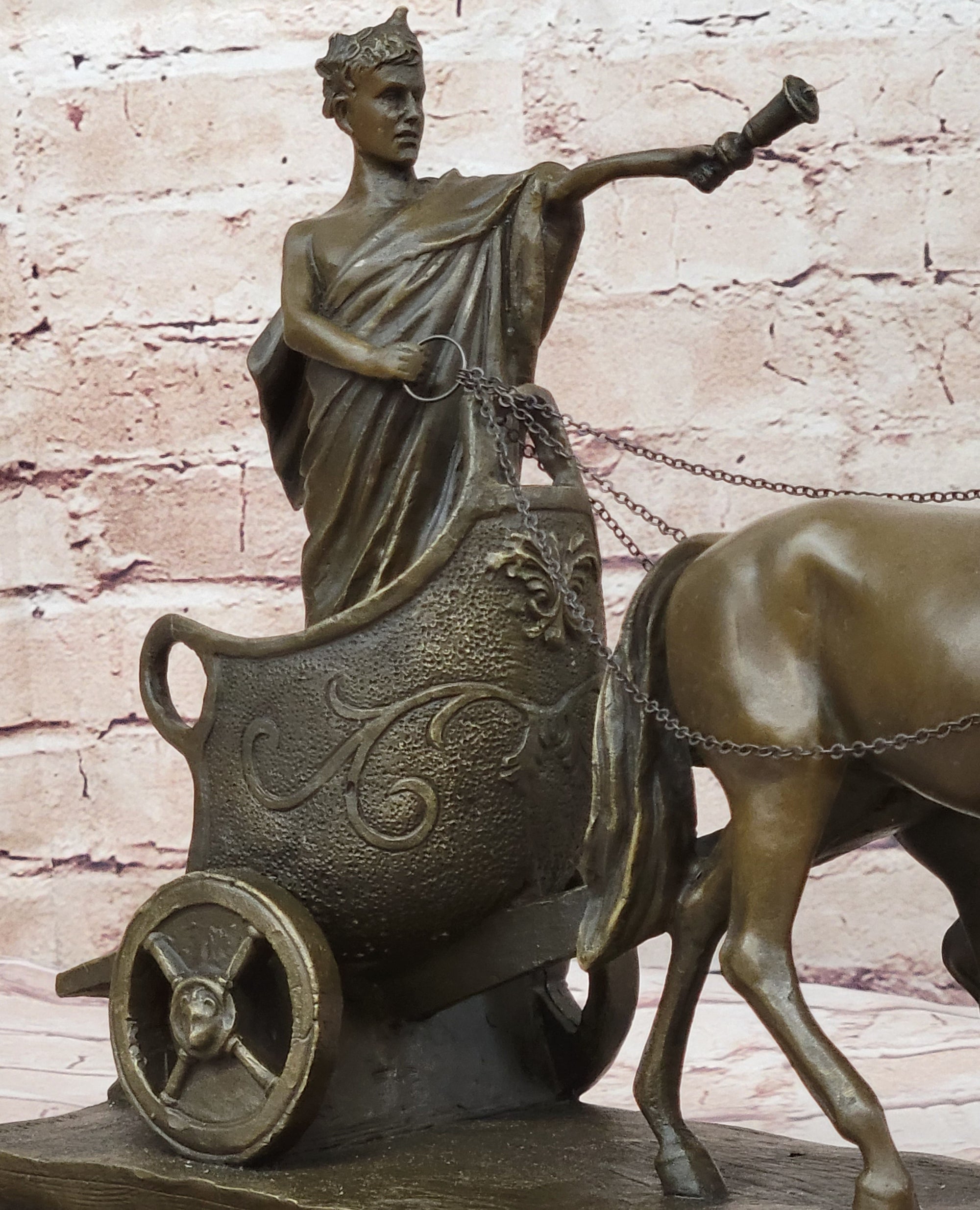 Roman Caesar Pulled by Horses on Chariot Bronze Statue Sculpture Figure 11&quot; x 17&quot;