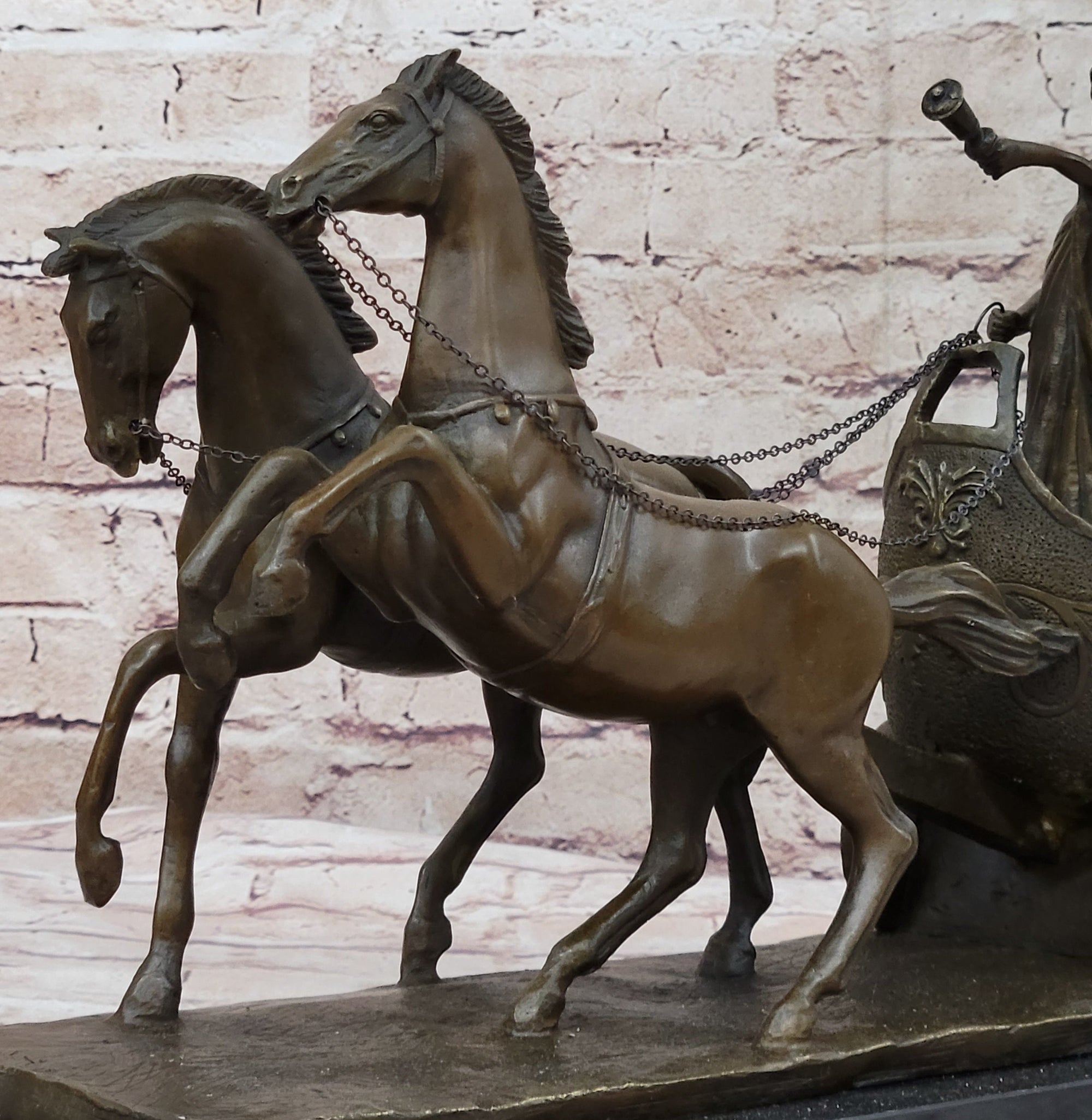 Roman Caesar Pulled by Horses on Chariot Bronze Statue Sculpture Figure 11&quot; x 17&quot;