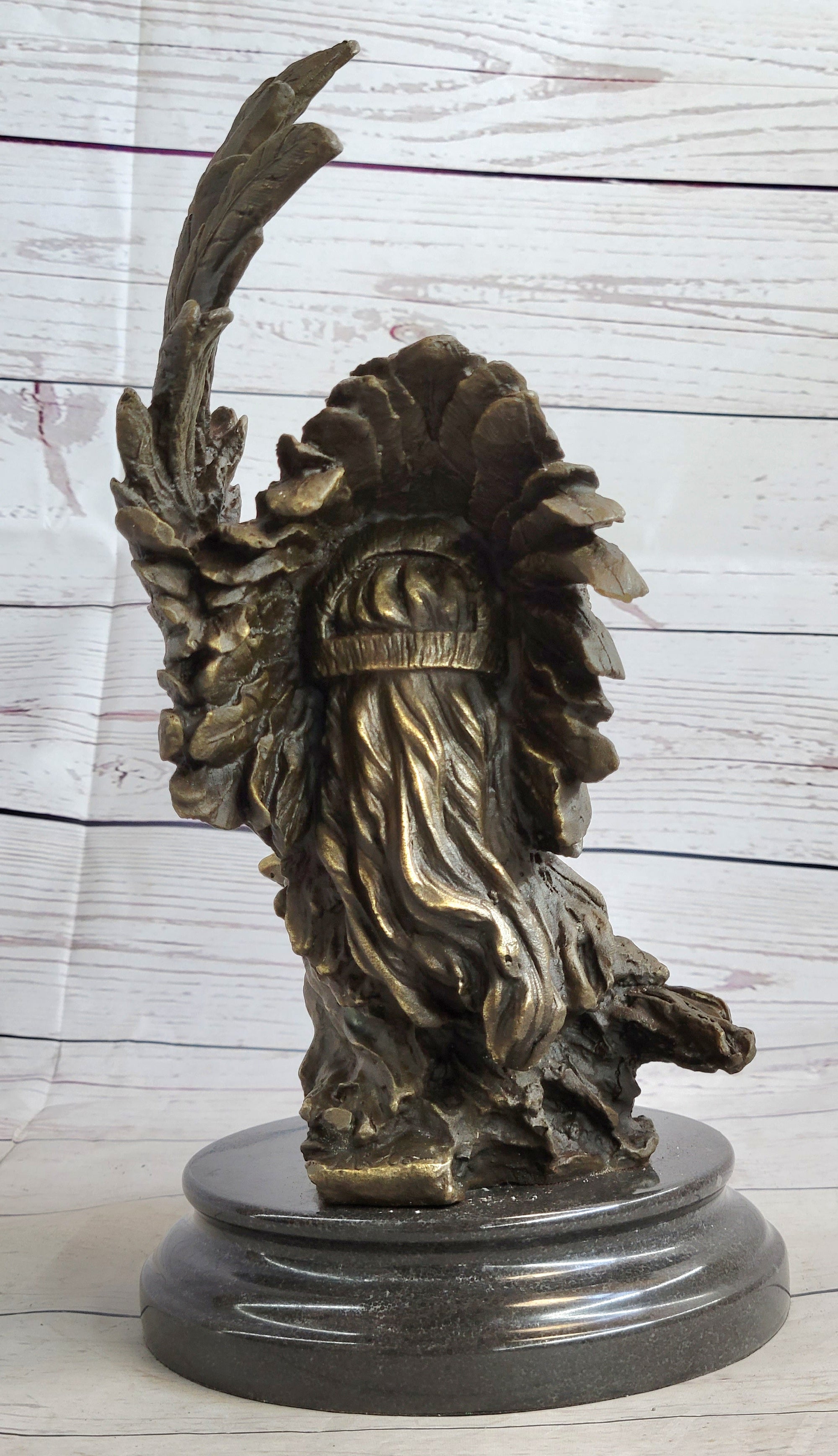 Native American Man &amp; Eagle Bronze Metal Bust Sculpture Statue on Marble Base