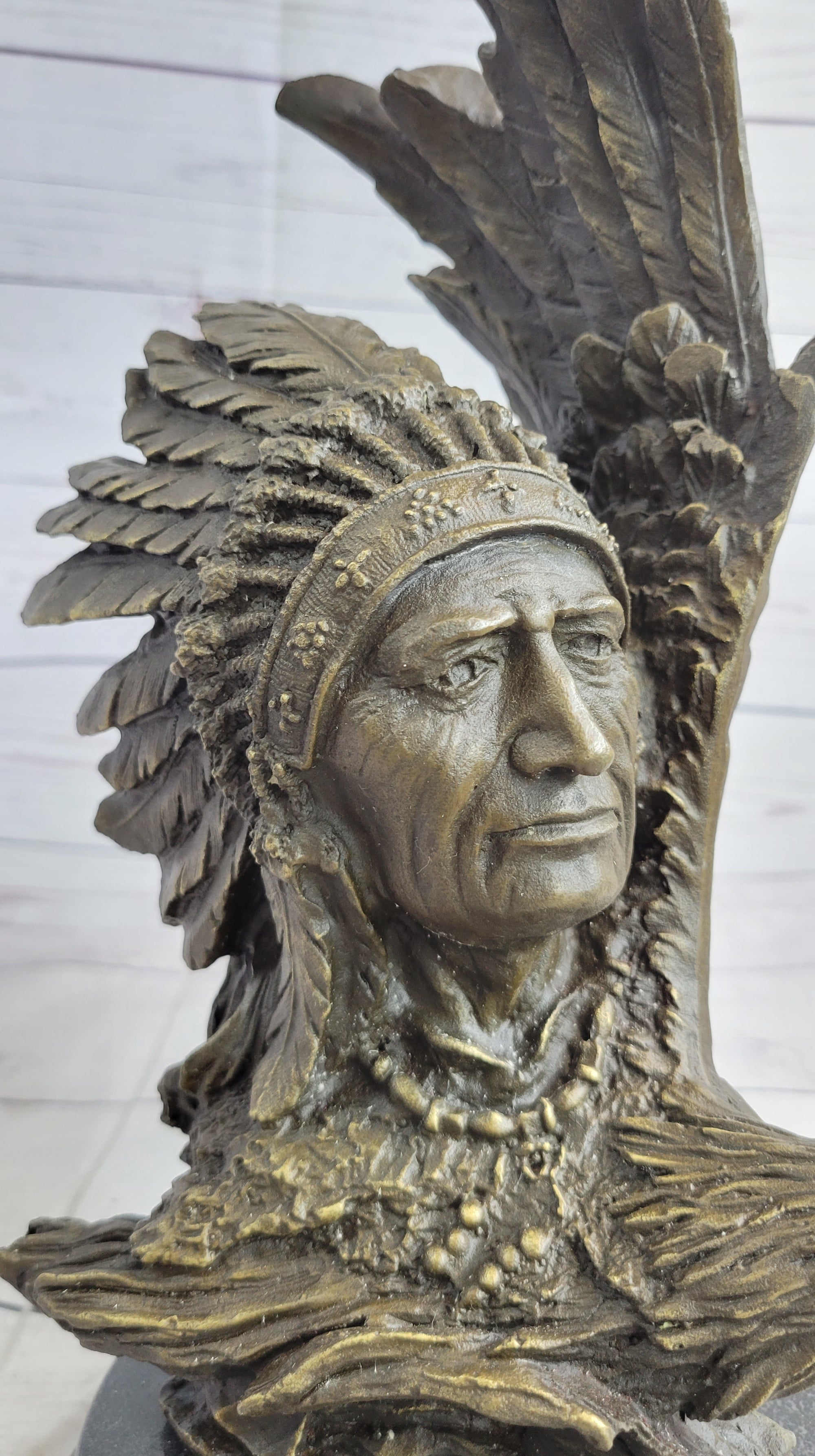 Native American Man &amp; Eagle Bronze Metal Bust Sculpture Statue on Marble Base