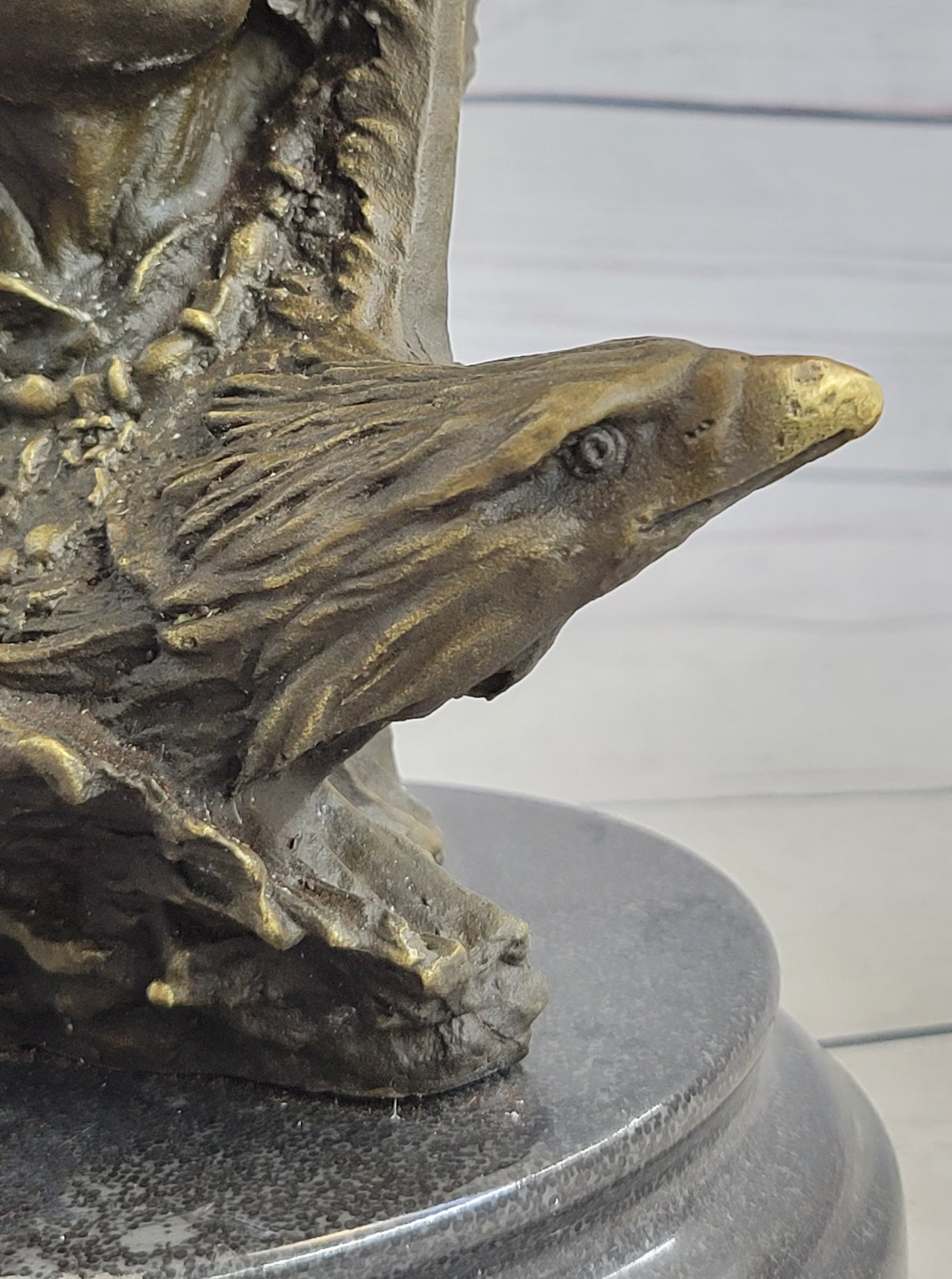 Native American Man &amp; Eagle Bronze Metal Bust Sculpture Statue on Marble Base