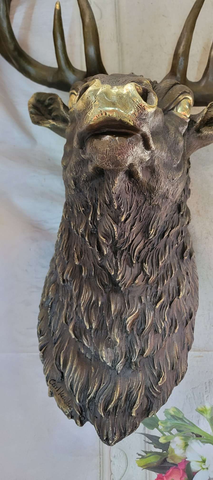 Signed Carl Kauba Life Size Elk Head Bust Bronze Figurine Sculpture Cabin Decor