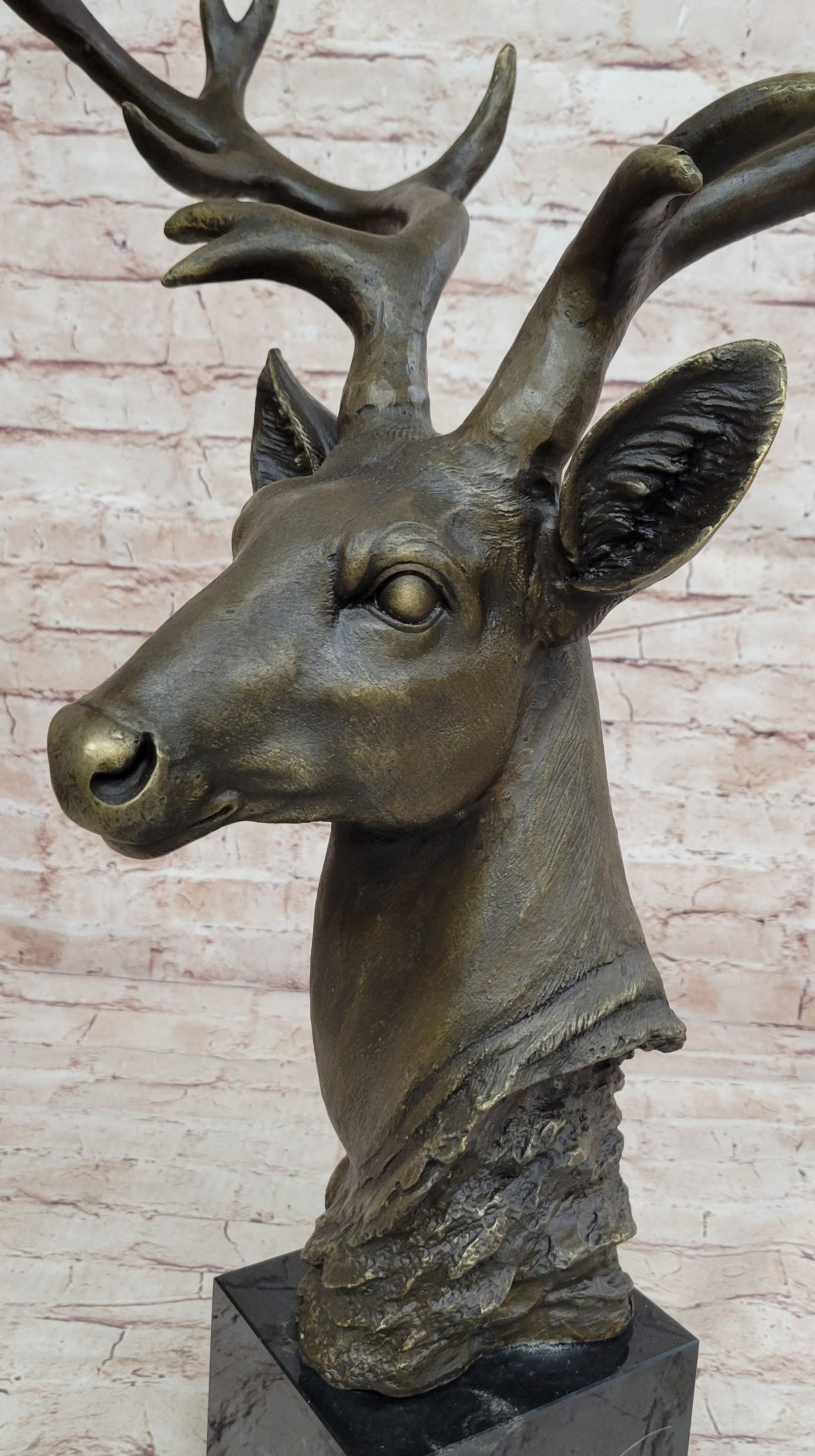 Stag Buck Deer Elk Head Bust Bronze Sculpture Statue on Marble Base