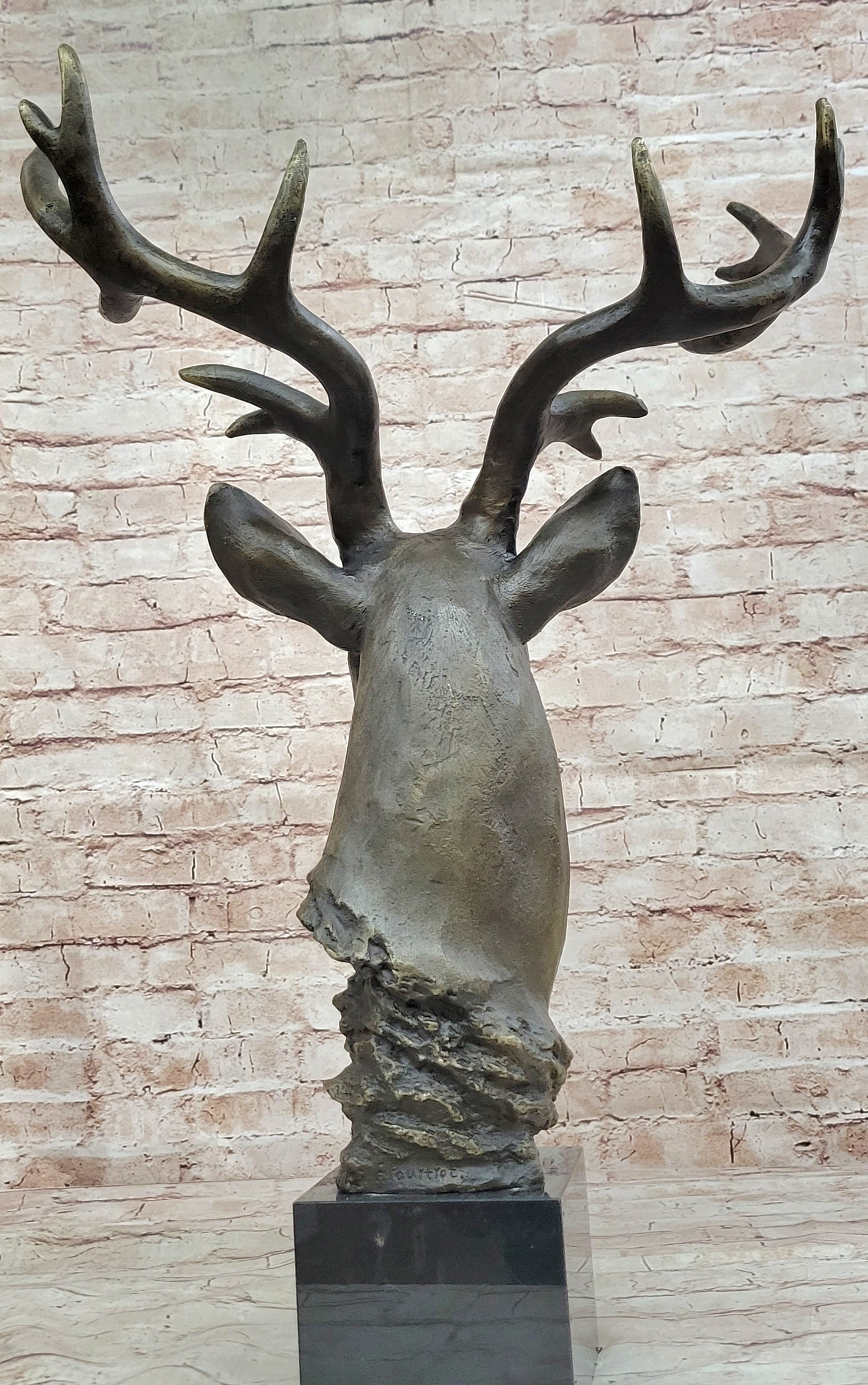 Stag Buck Deer Elk Head Bust Bronze Sculpture Statue on Marble Base
