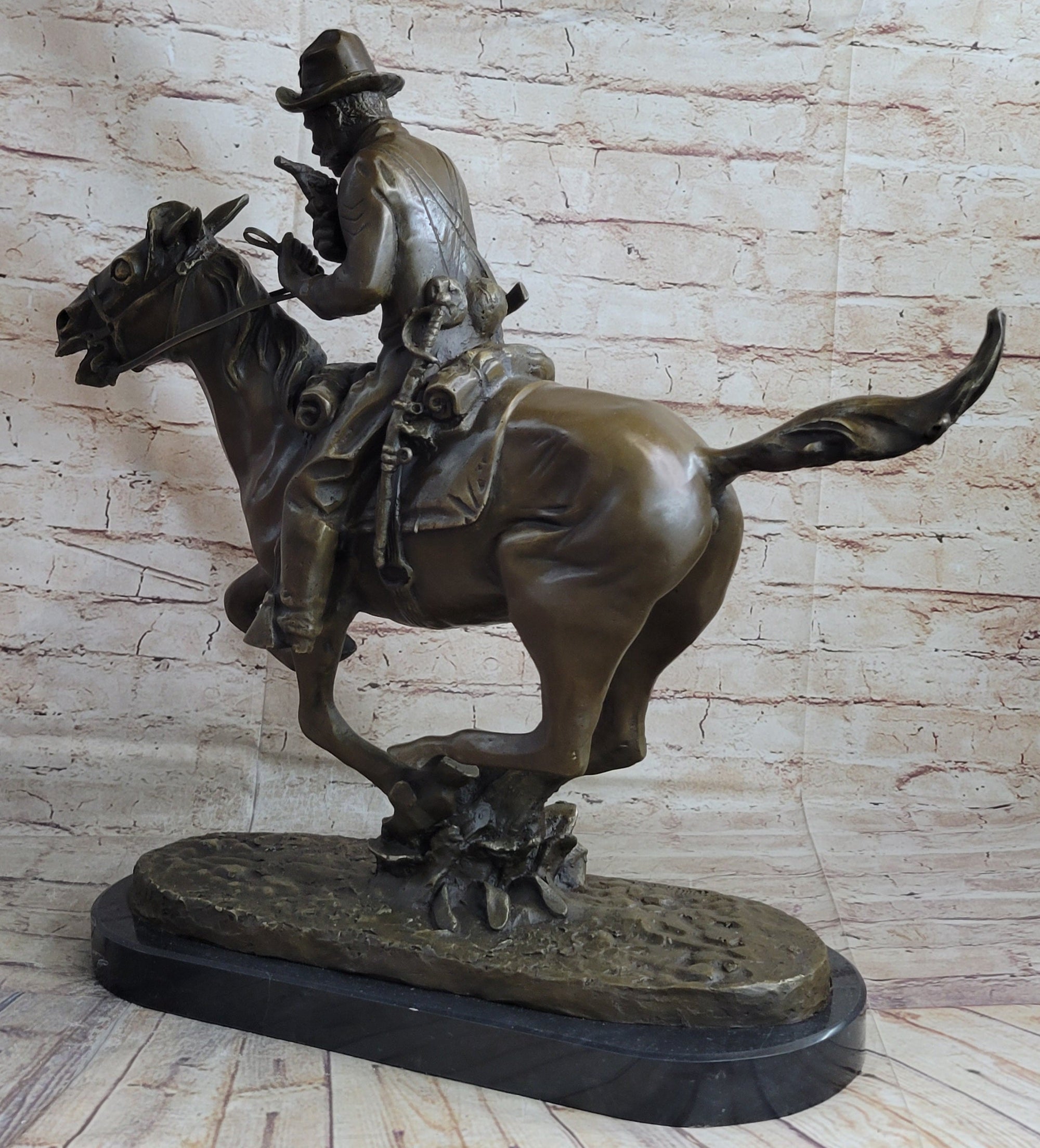 Large Remington Tribute 2  Cowboy and Horse w Gun Bronze Sculpture Marble Statue